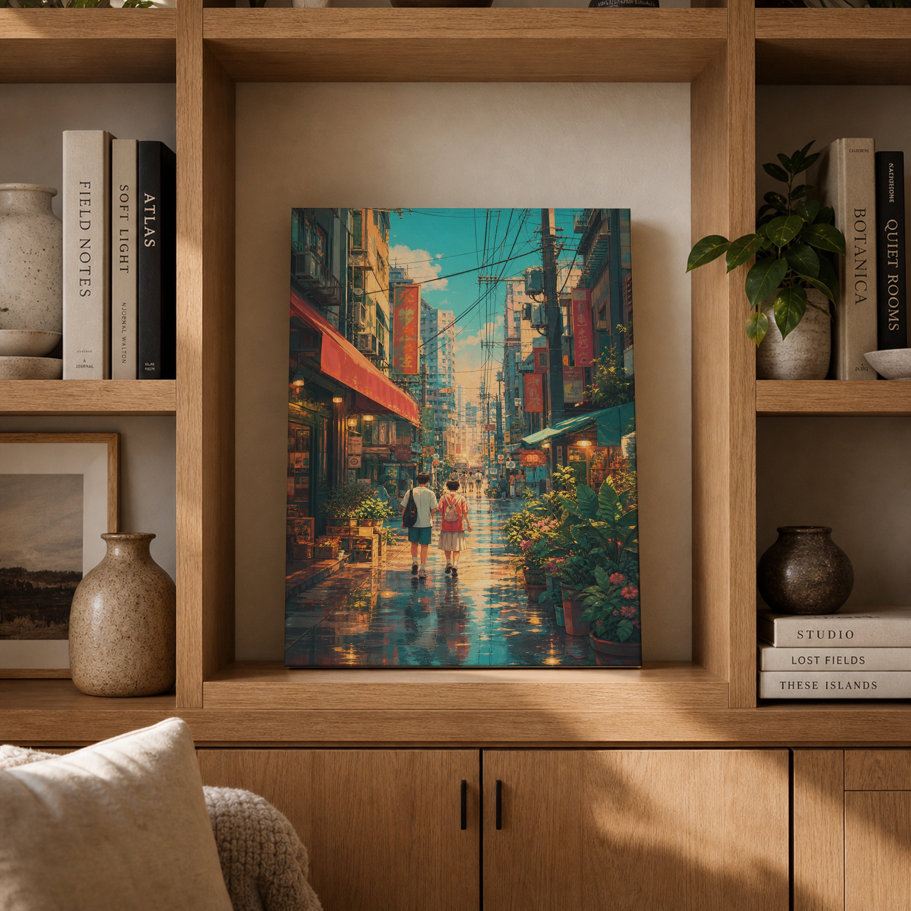 Sham Shui Po Rainy Market Street canvas gallery shelf mockup by Seji Art