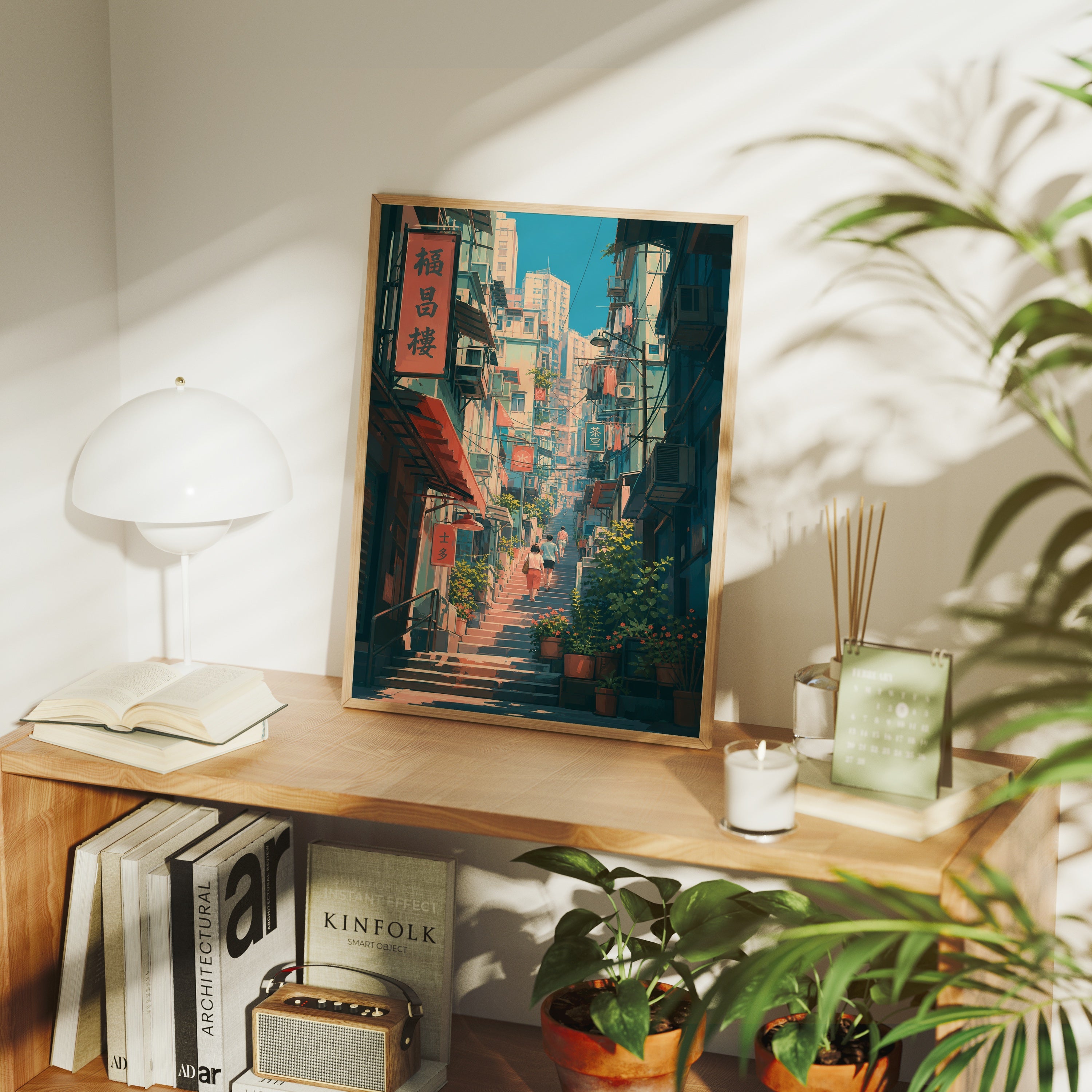 Sheung Wan Hong Kong Hillside Stairs poster framed room mockup by Seji Art
