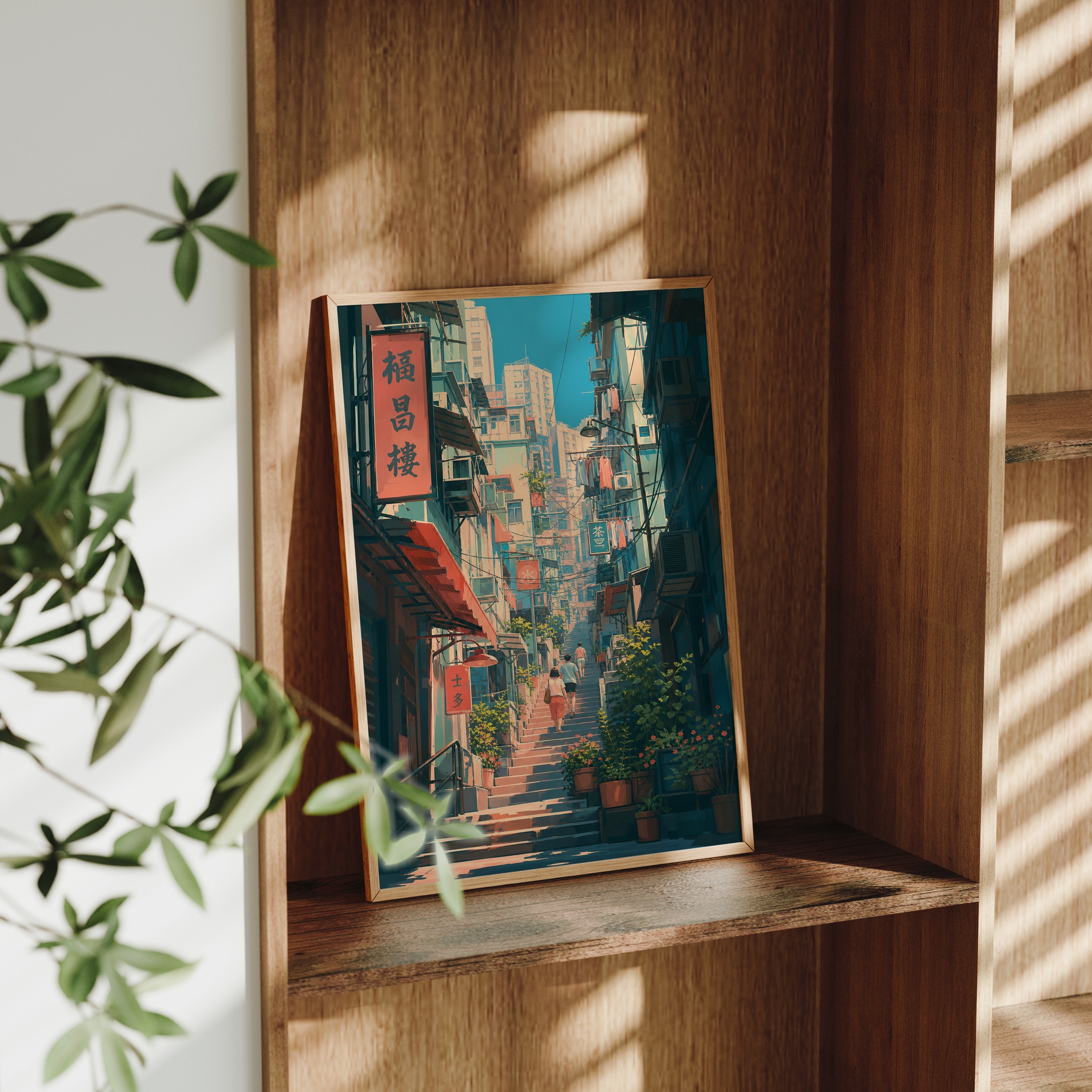 Sheung Wan Hong Kong Hillside Stairs poster gallery shelf mockup by Seji Art