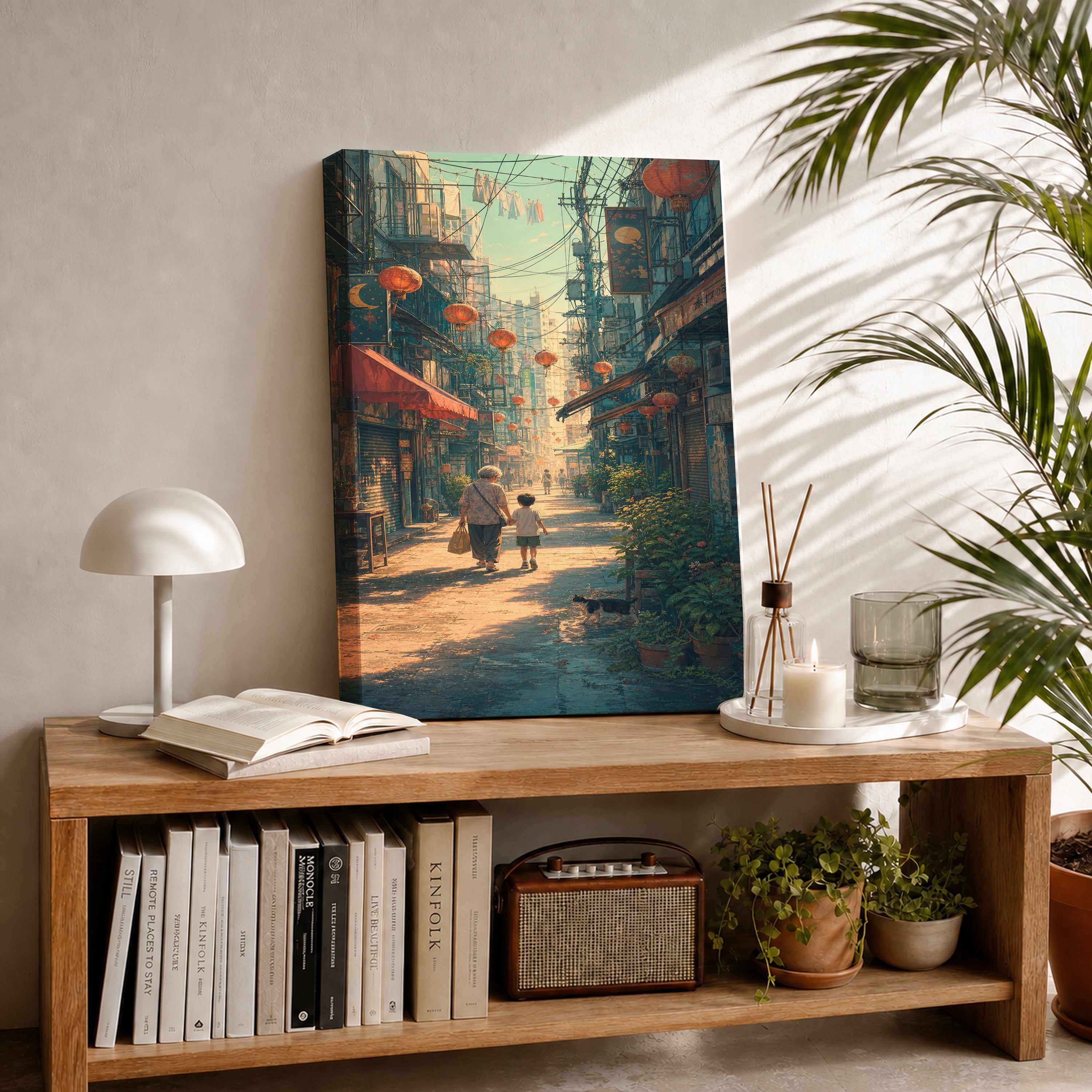 Sheung Wan Lantern Morning Alley canvas room mockup by Seji Art
