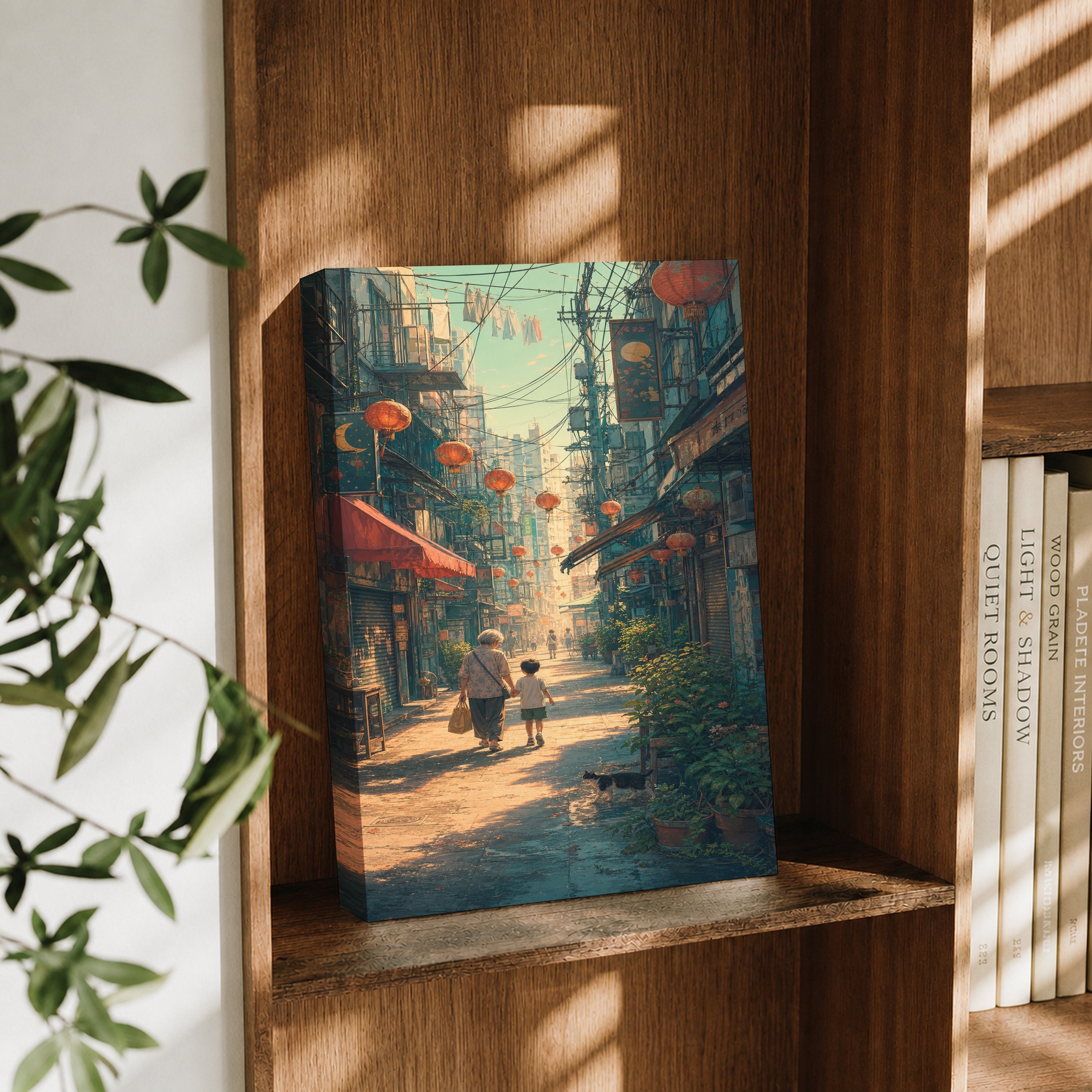 Sheung Wan Lantern Morning Alley canvas wall art decor mockup by Seji Art