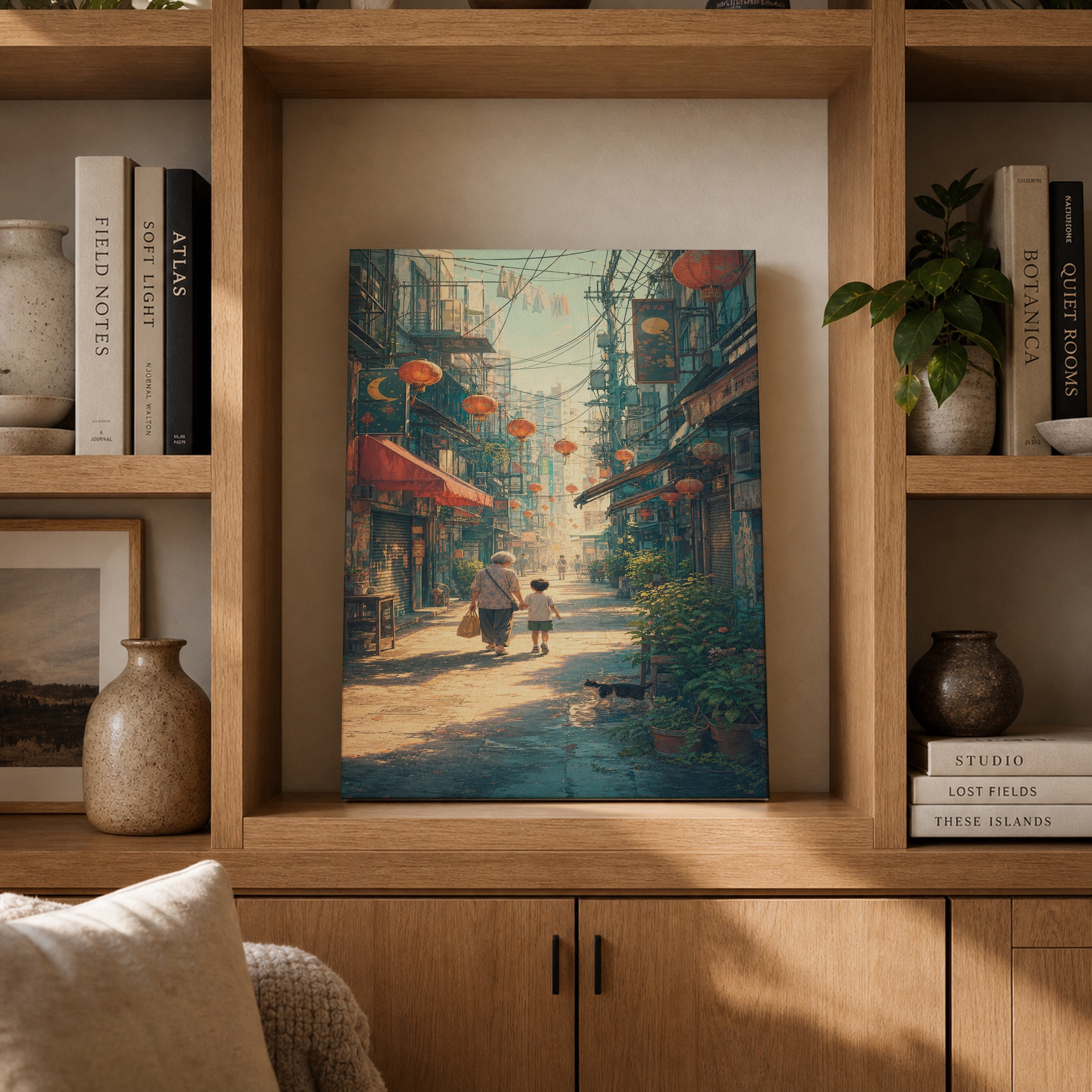 Sheung Wan Lantern Morning Alley canvas gallery shelf mockup by Seji Art