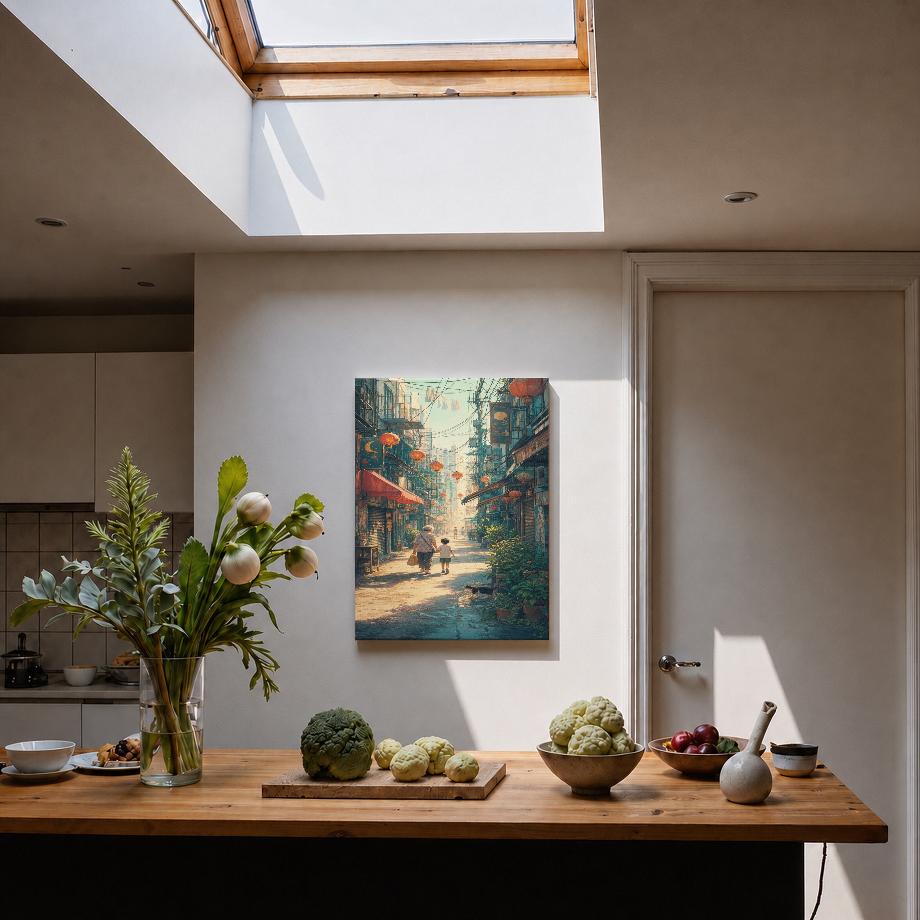 Sheung Wan Lantern Morning Alley canvas home decor mockup by Seji Art