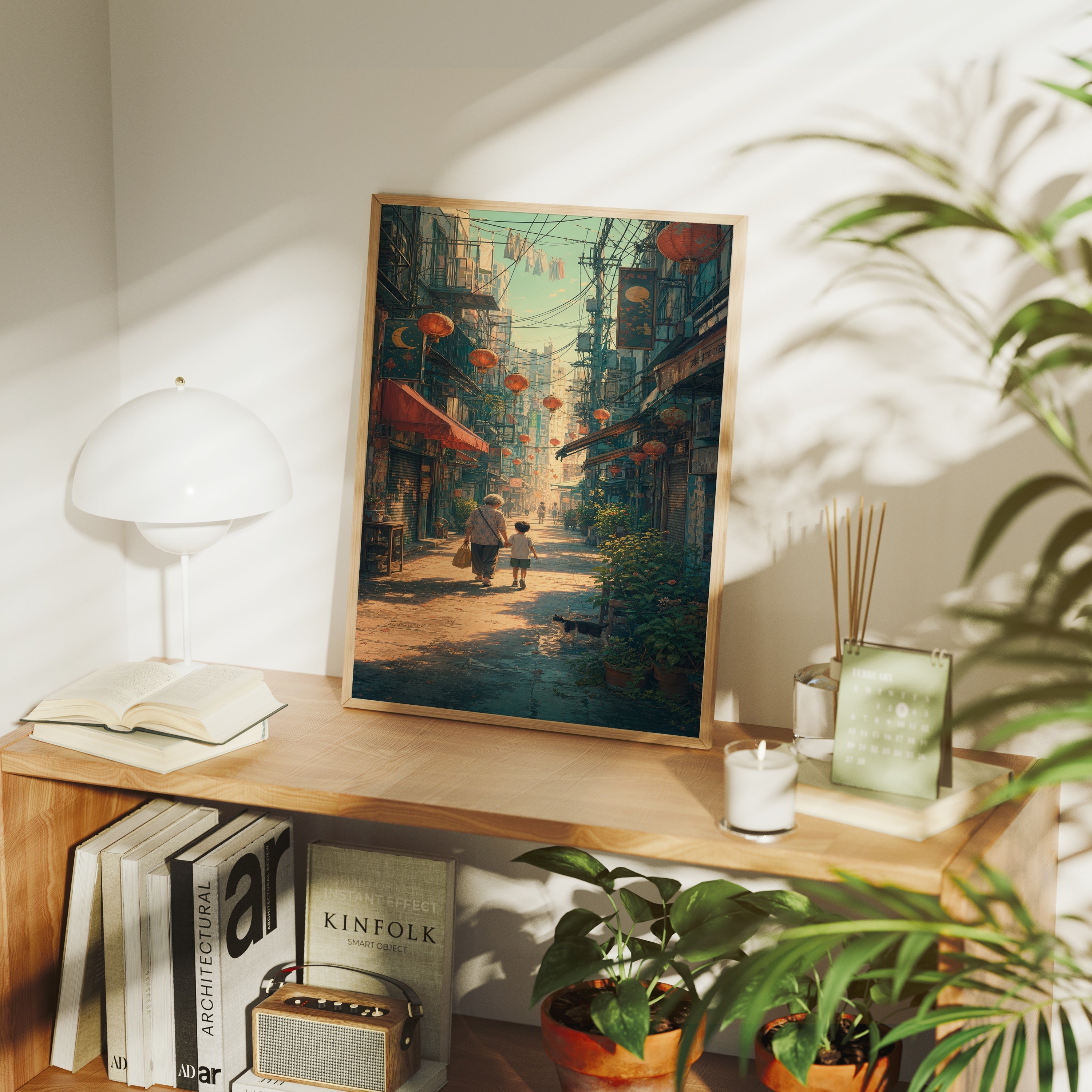 Sheung Wan Lantern Morning Alley poster framed room mockup by Seji Art