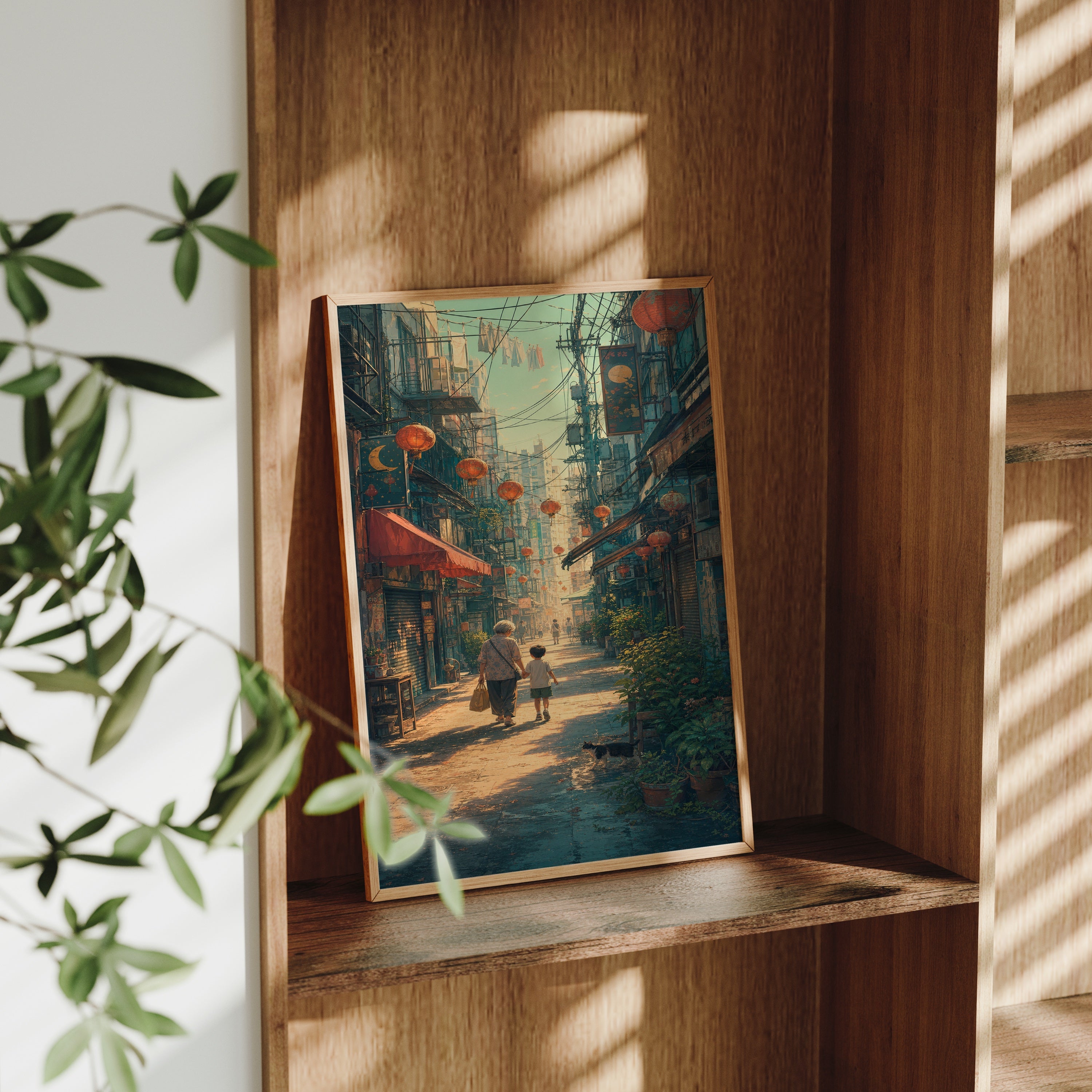 Sheung Wan Lantern Morning Alley poster gallery shelf mockup by Seji Art