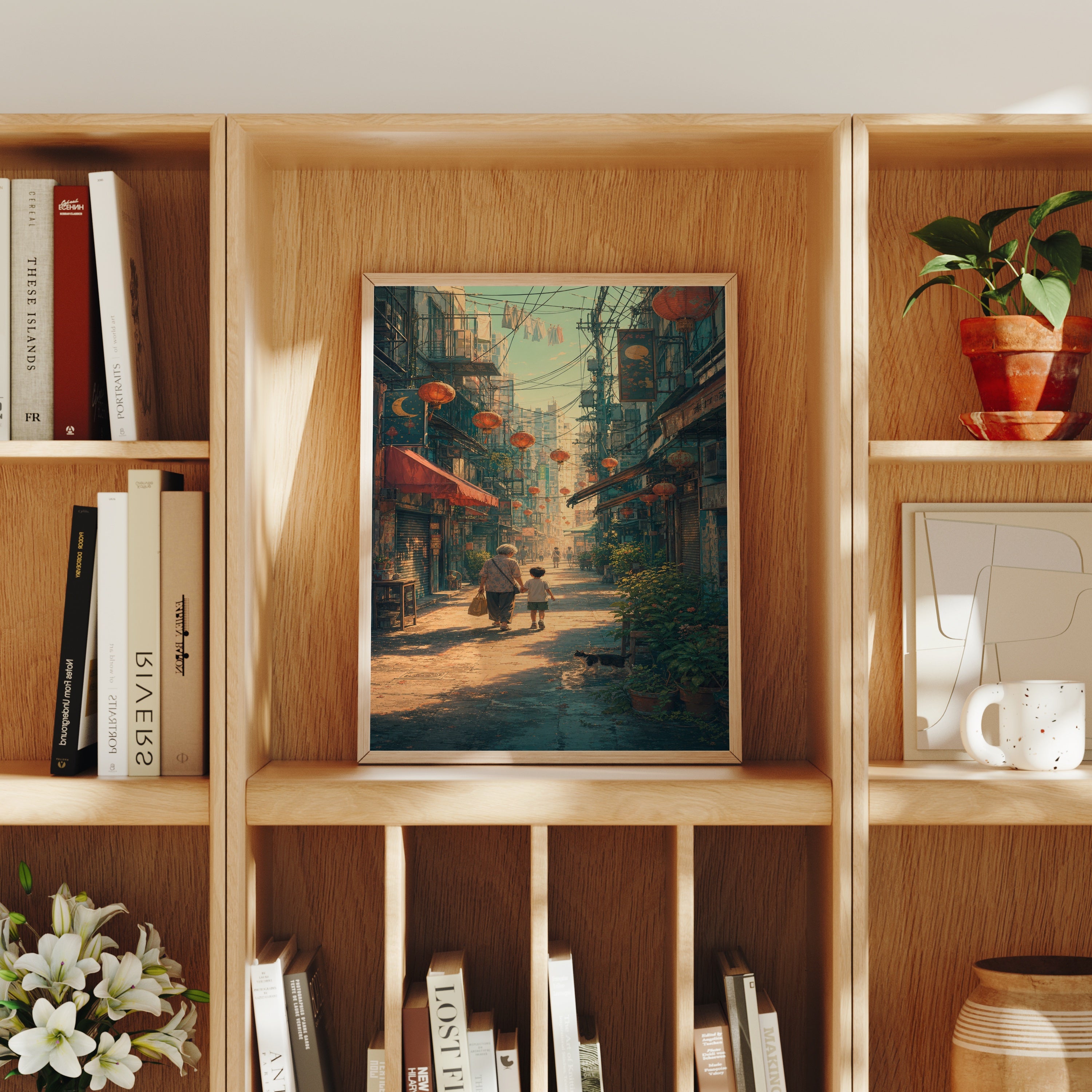 Sheung Wan Lantern Morning Alley poster home decor mockup by Seji Art