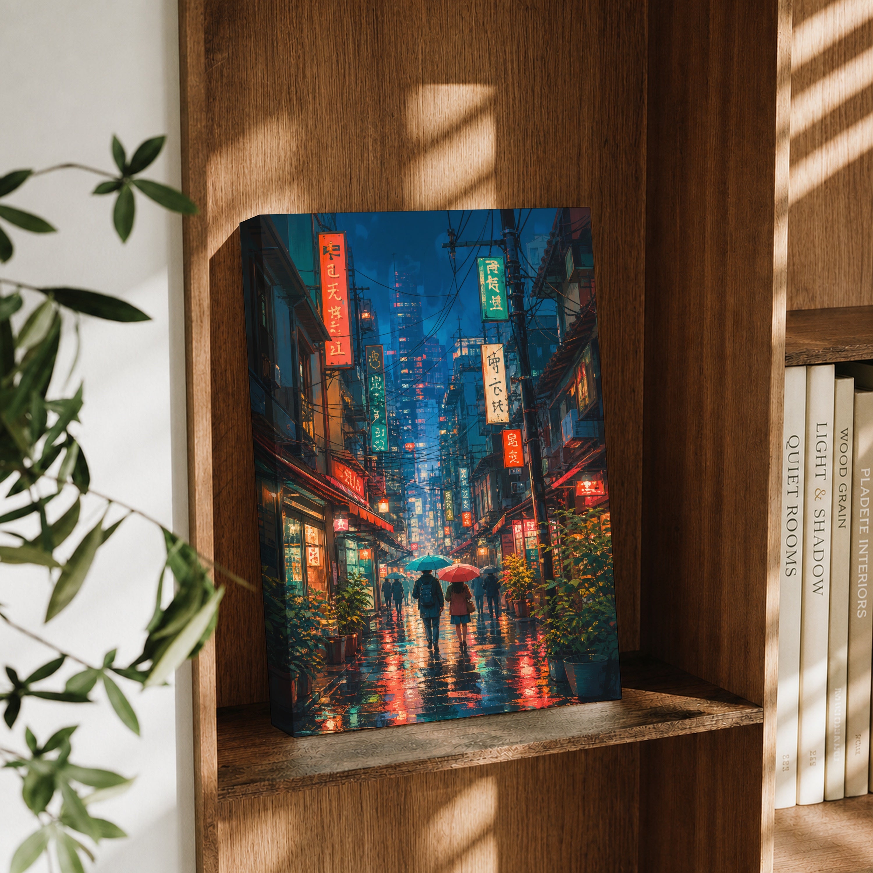 Shinjuku Neon Rain Street canvas wall art decor mockup by Seji Art