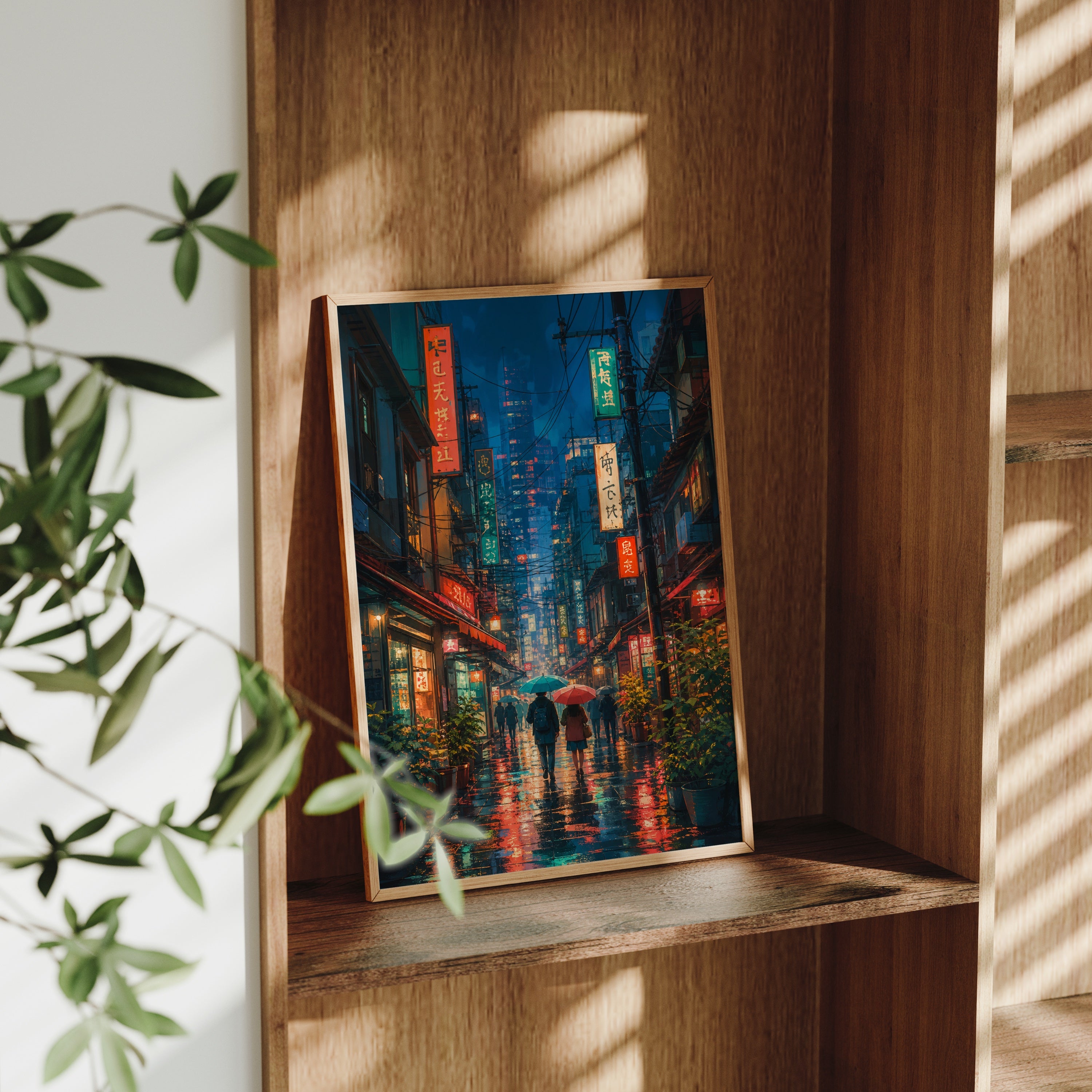 Shinjuku Neon Rain Street poster gallery shelf mockup by Seji Art