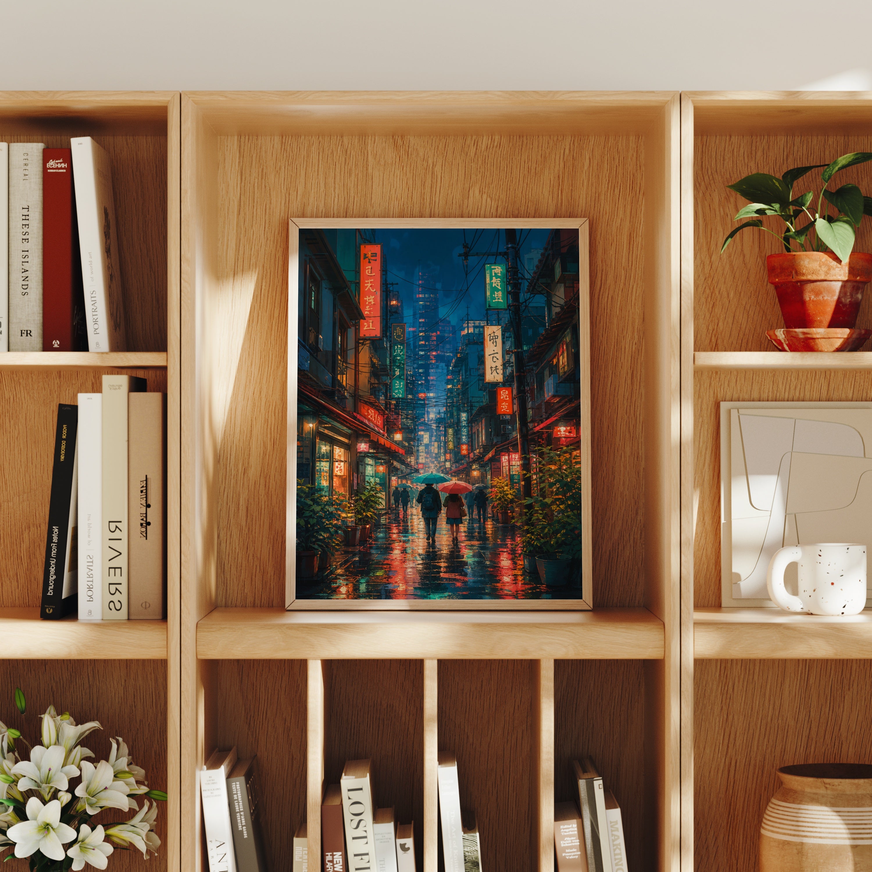 Shinjuku Neon Rain Street poster home decor mockup by Seji Art
