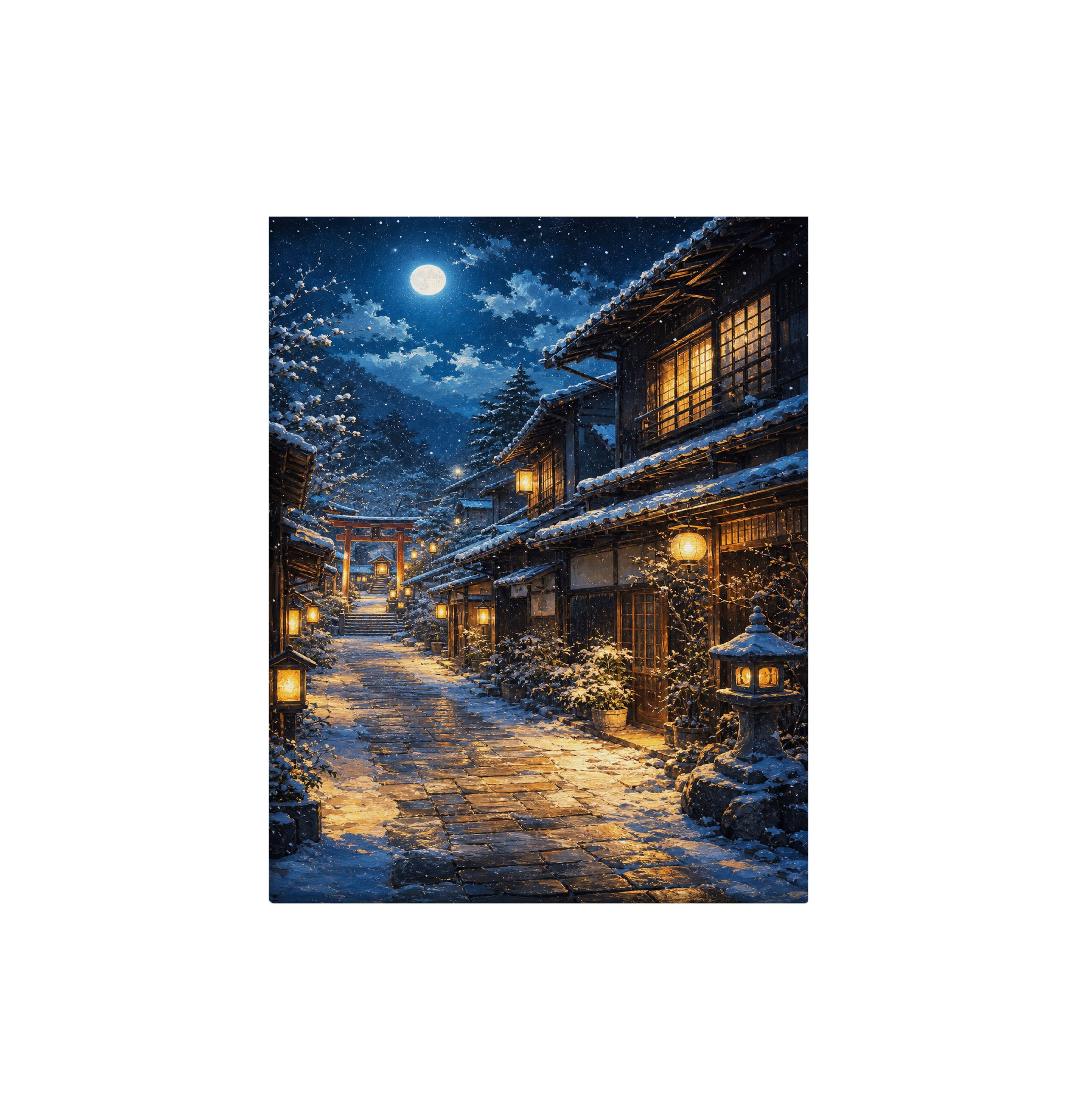 Snowy Mountain Village Moonlight canvas wall art preview by Seji Art