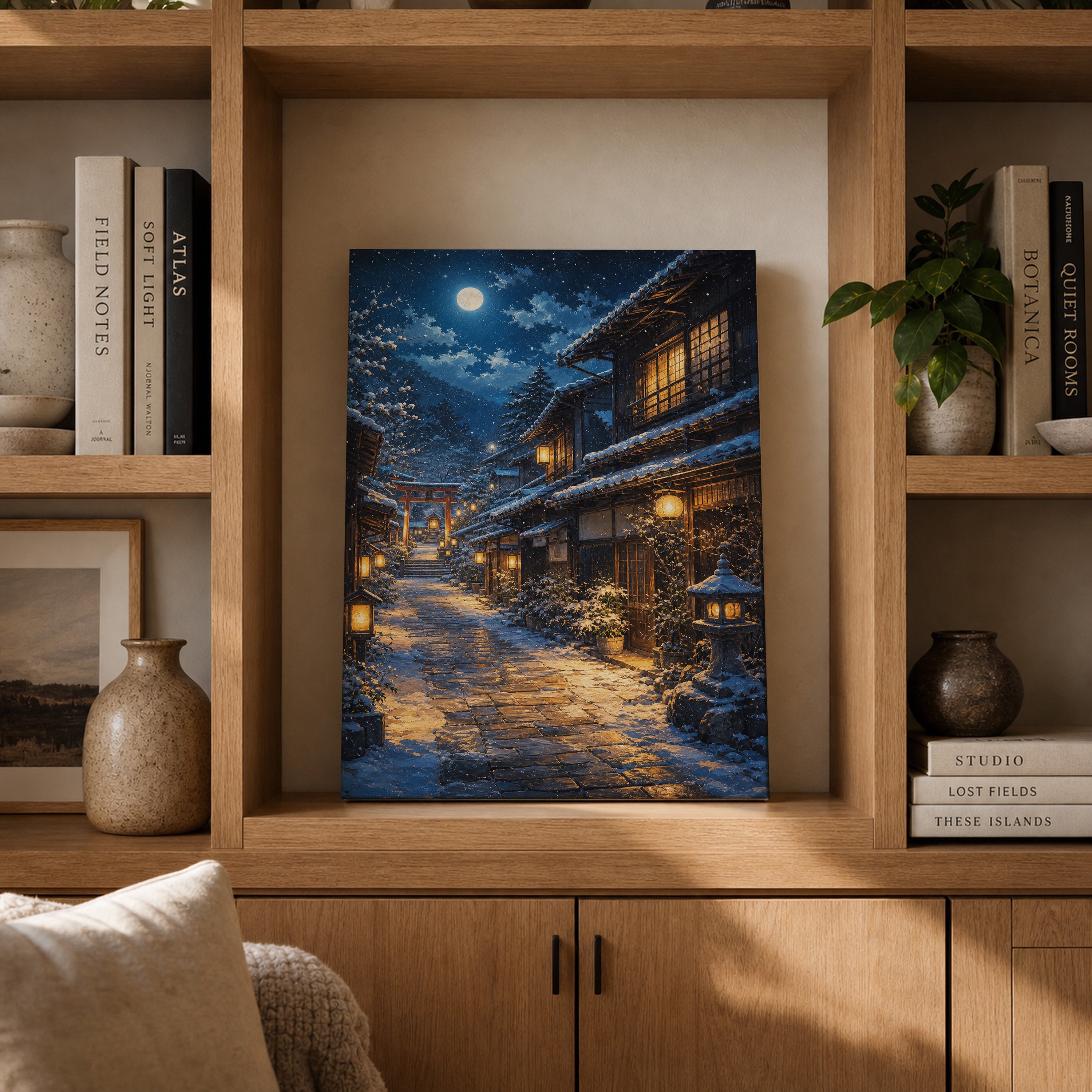 Snowy Mountain Village Moonlight canvas gallery shelf mockup by Seji Art