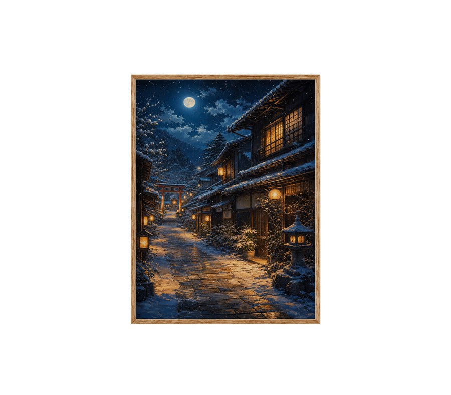 Snowy Mountain Village Moonlight poster print preview by Seji Art