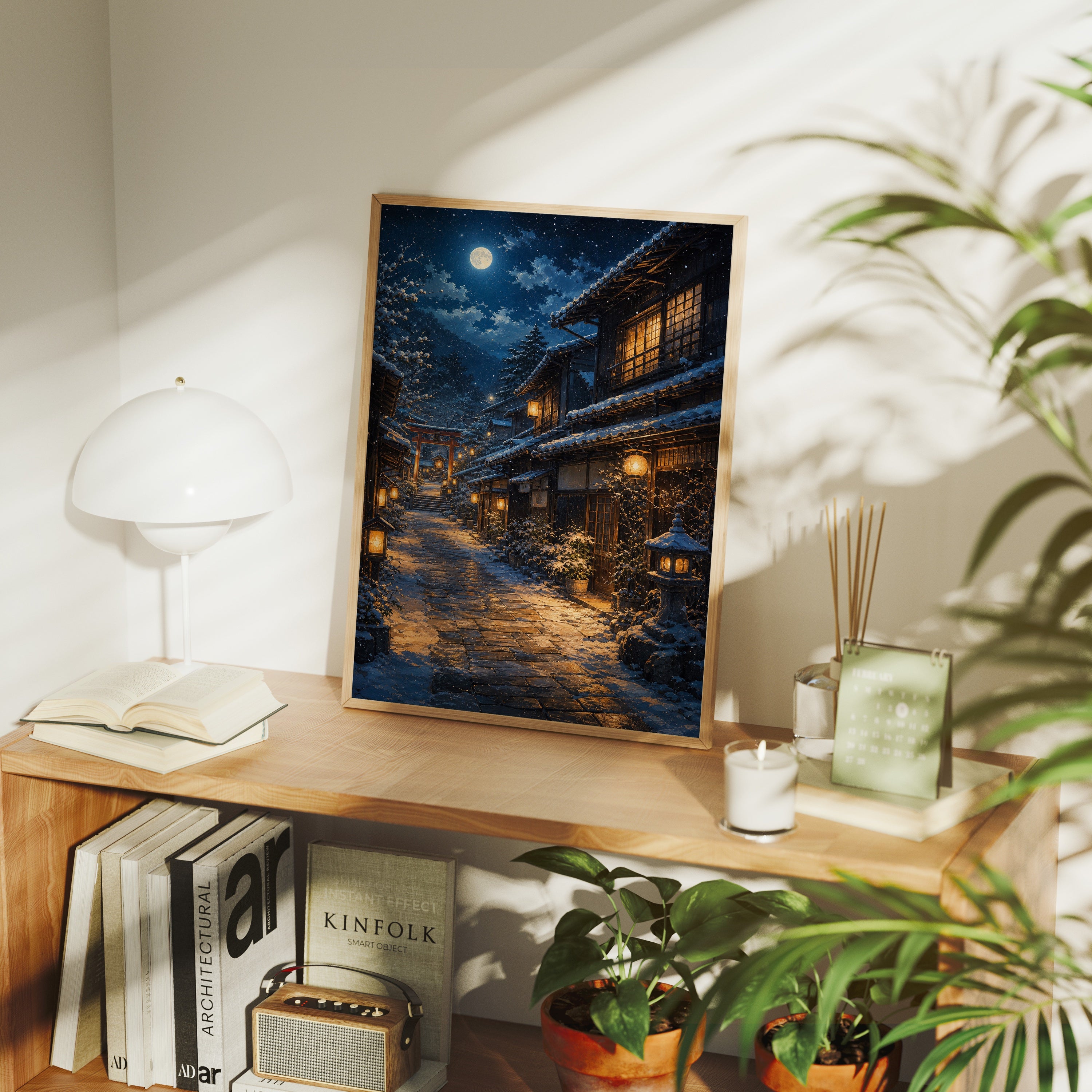 Snowy Mountain Village Moonlight poster framed room mockup by Seji Art
