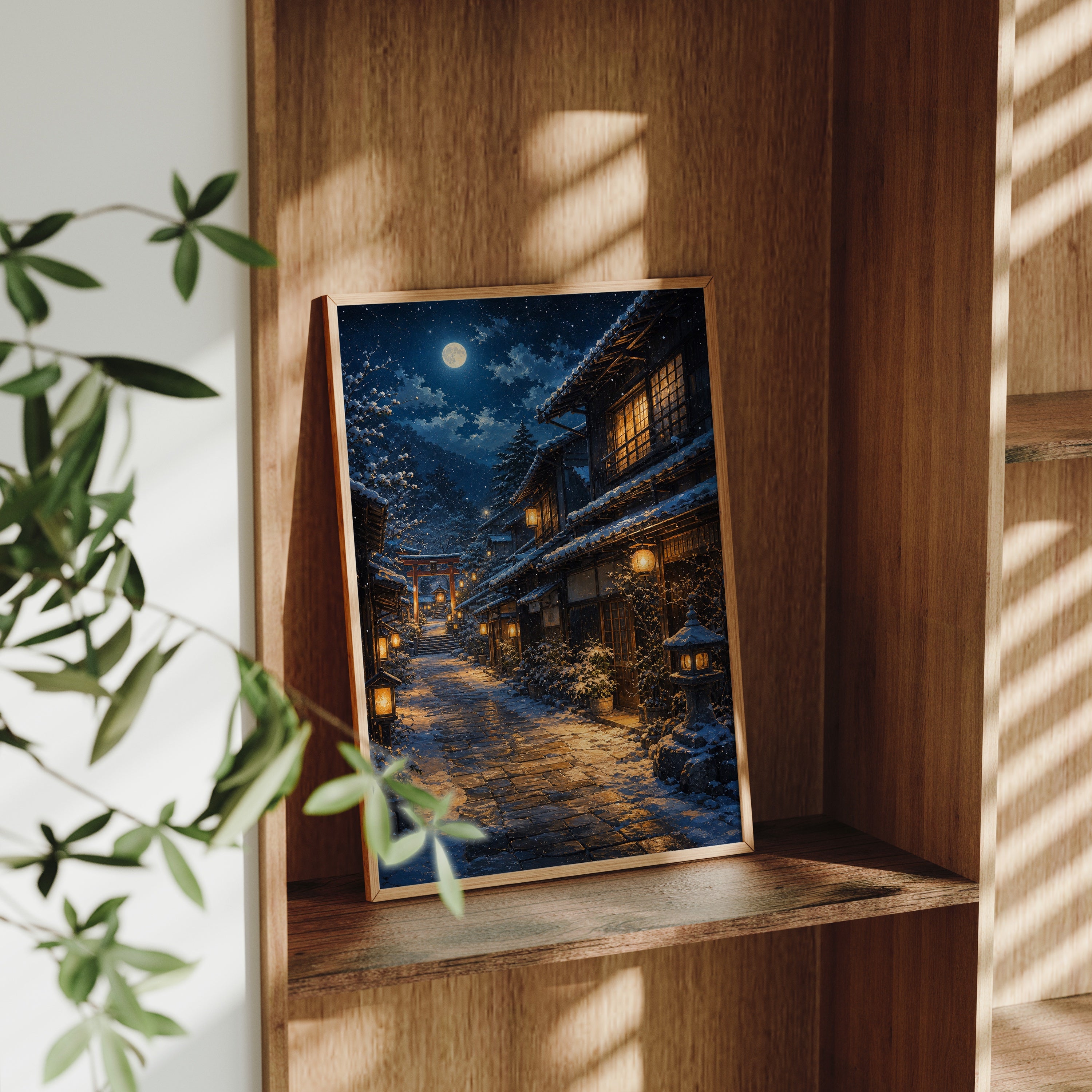 Snowy Mountain Village Moonlight poster gallery shelf mockup by Seji Art