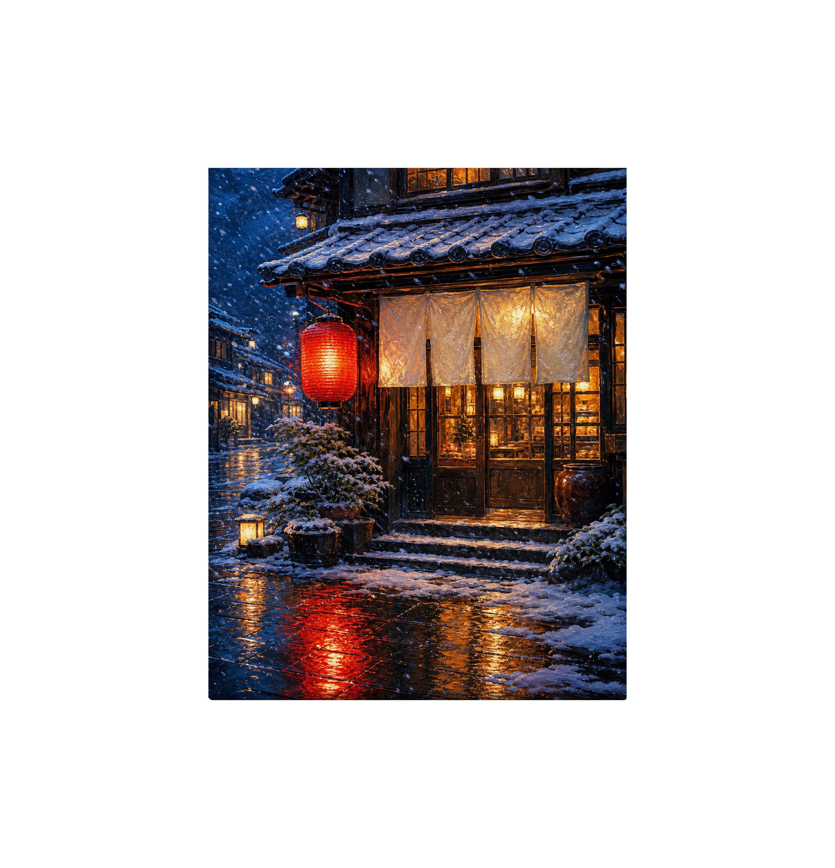 Snowy Red Lantern Teahouse canvas wall art preview by Seji Art