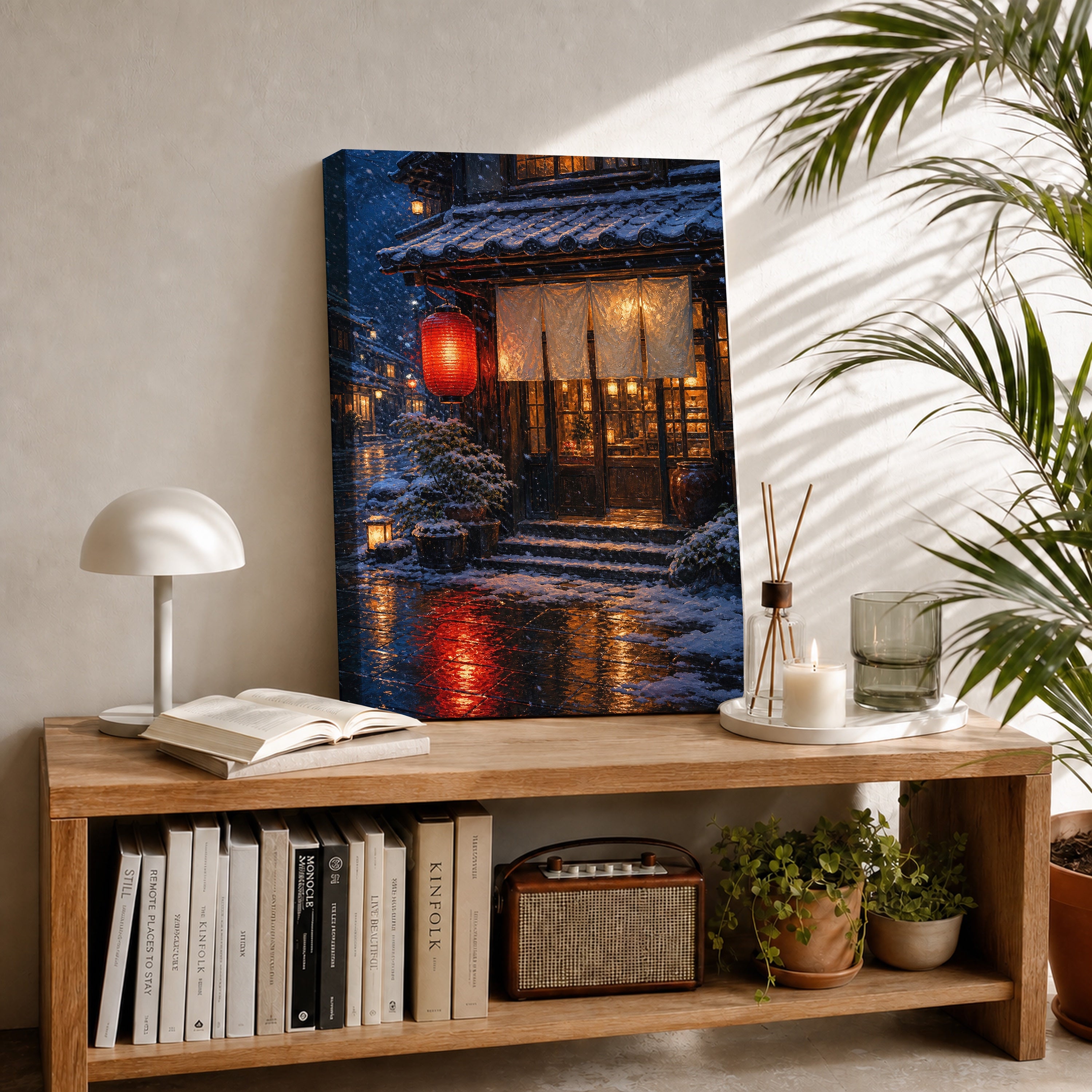 Snowy Red Lantern Teahouse canvas room mockup by Seji Art