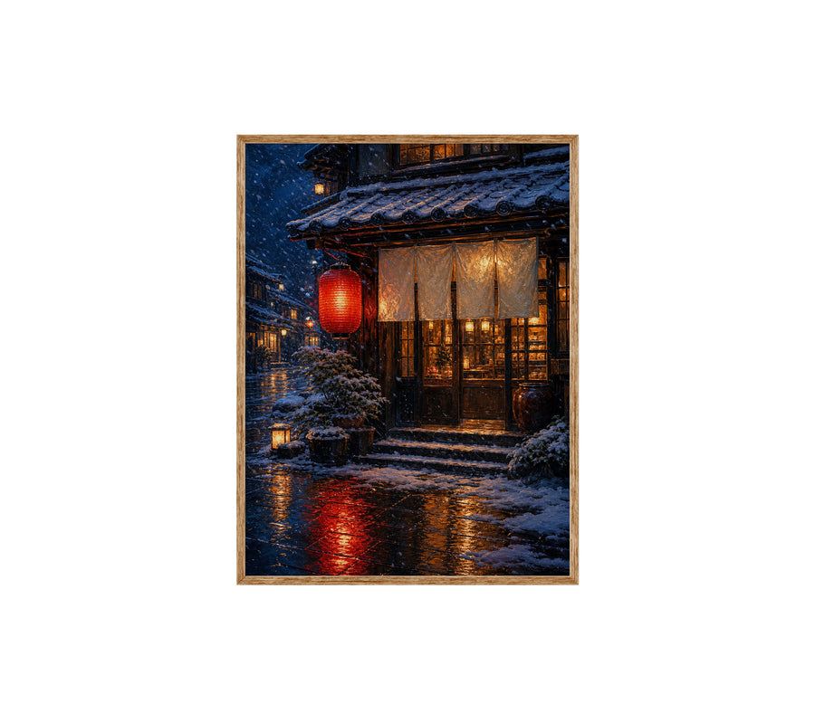 Snowy Red Lantern Teahouse poster print preview by Seji Art