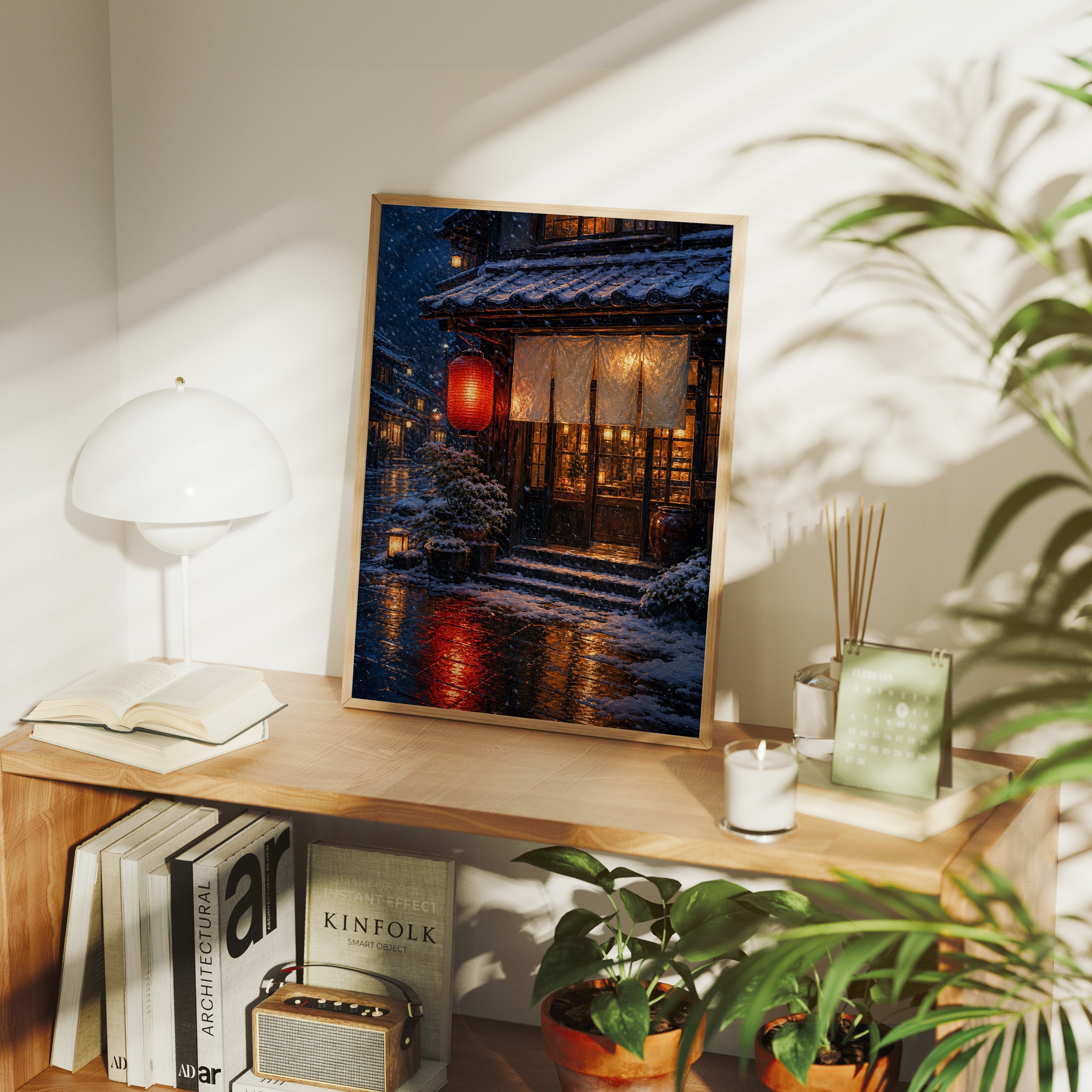 Snowy Red Lantern Teahouse poster framed room mockup by Seji Art