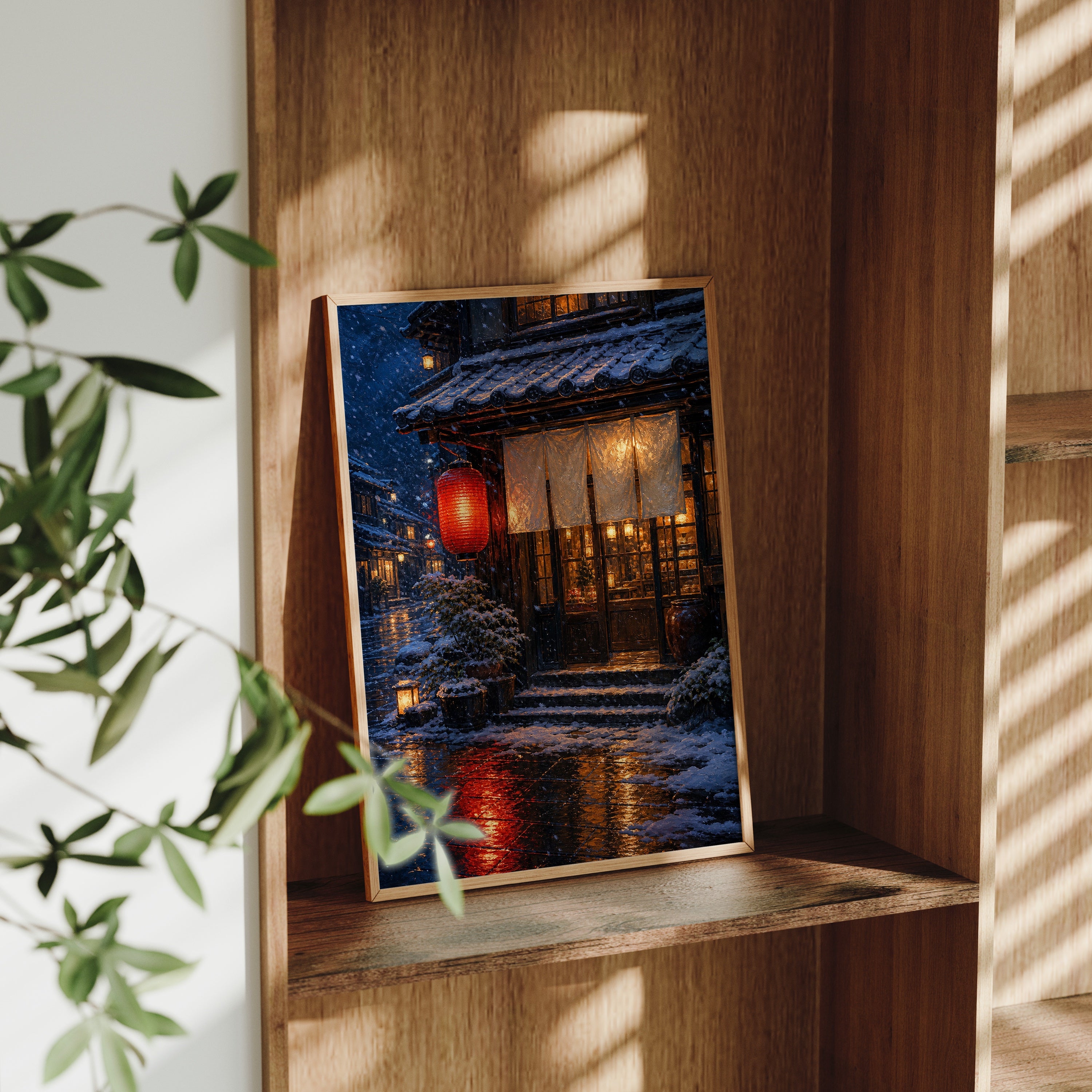 Snowy Red Lantern Teahouse poster gallery shelf mockup by Seji Art