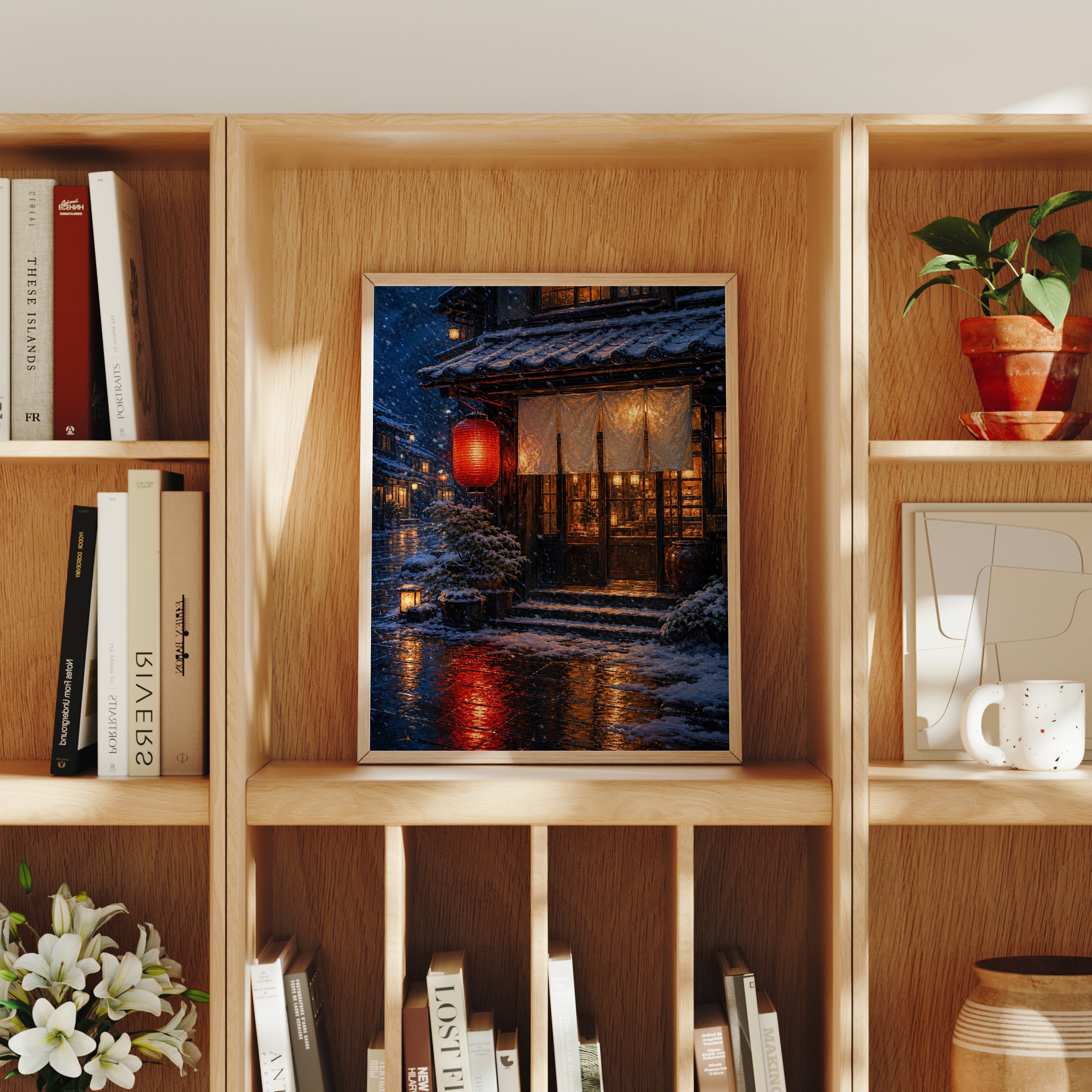 Snowy Red Lantern Teahouse poster home decor mockup by Seji Art