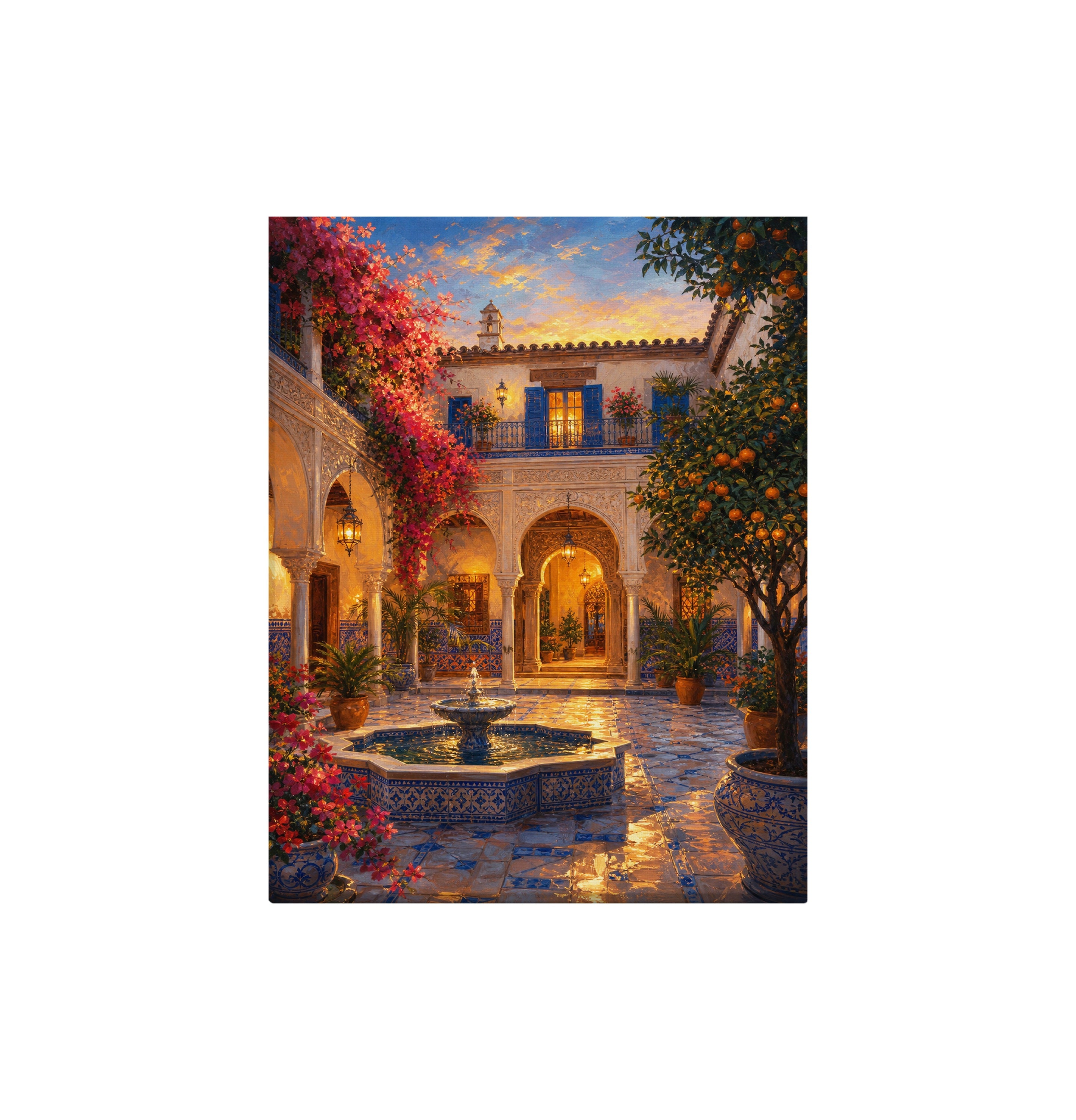 Spanish Courtyard Fountain Night canvas wall art preview by Seji Art