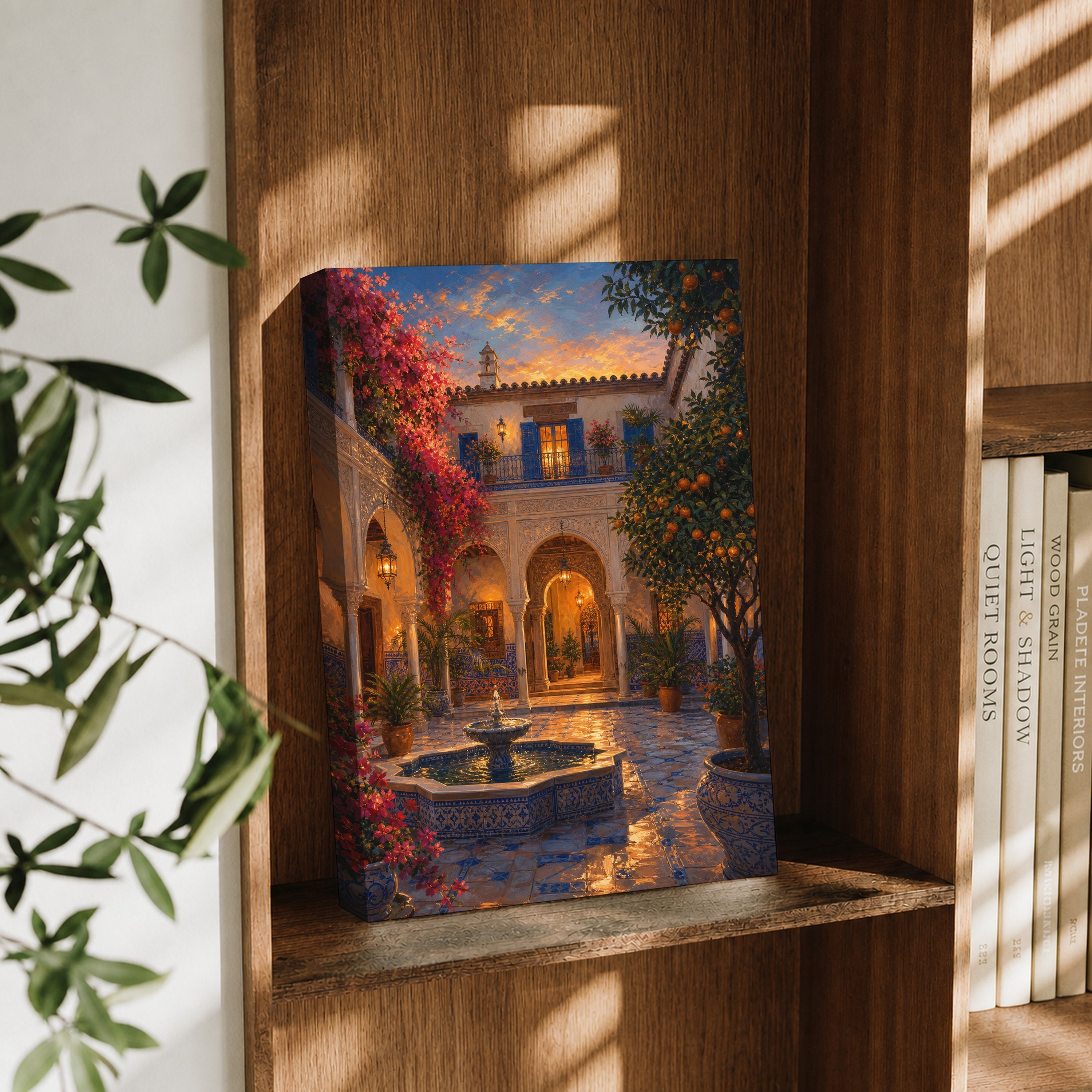 Spanish Courtyard Fountain Night canvas wall art decor mockup by Seji Art
