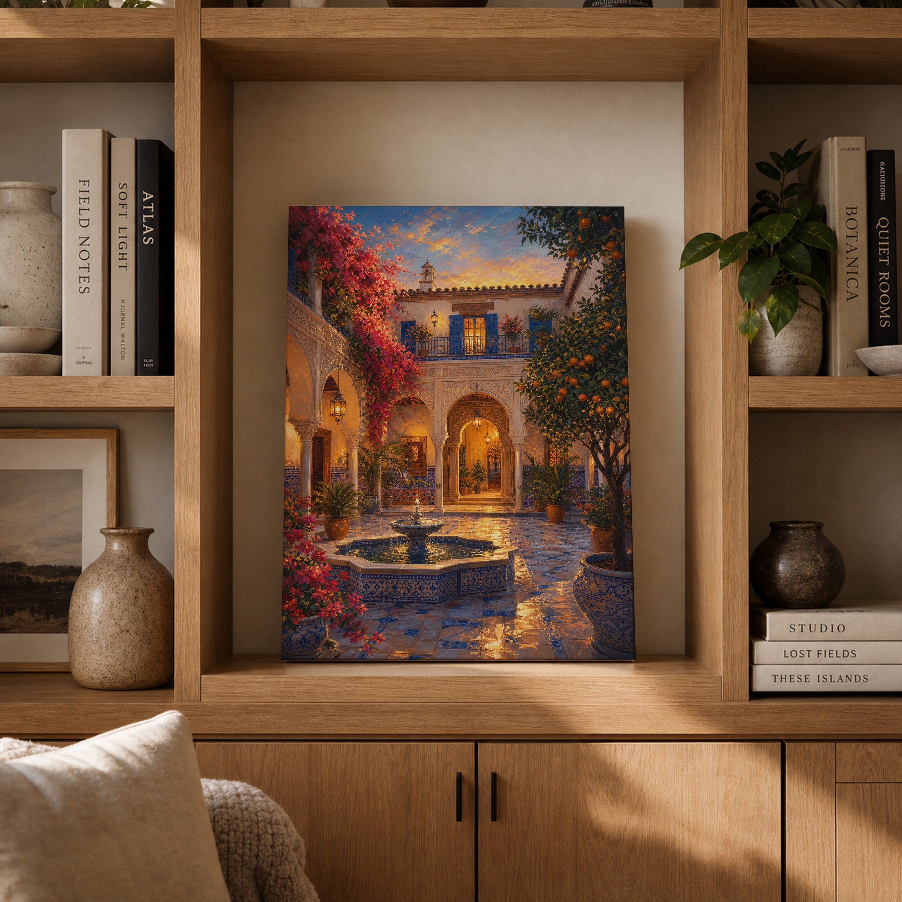Spanish Courtyard Fountain Night canvas gallery shelf mockup by Seji Art