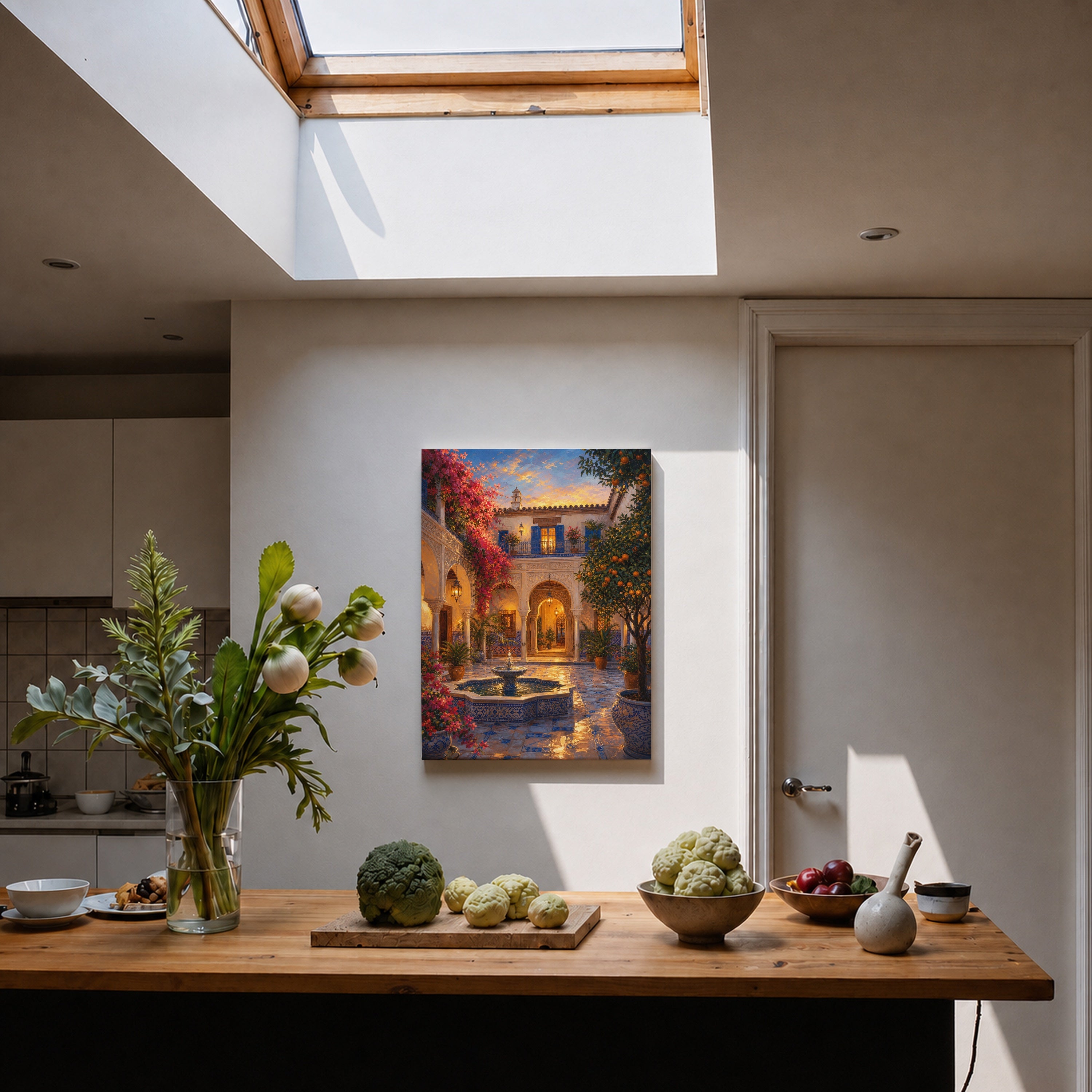 Spanish Courtyard Fountain Night canvas home decor mockup by Seji Art