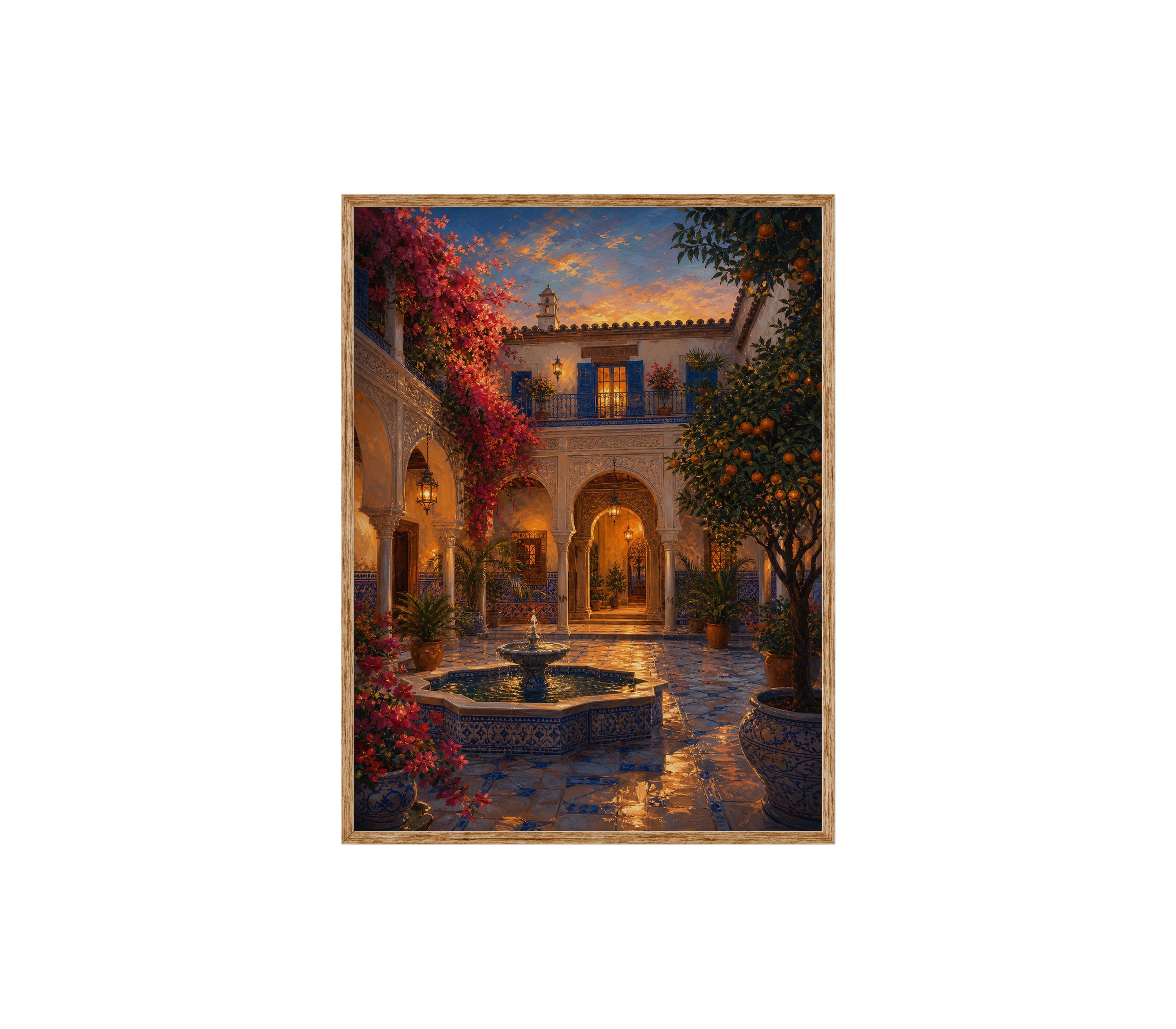 Spanish Courtyard Fountain Night poster print preview by Seji Art