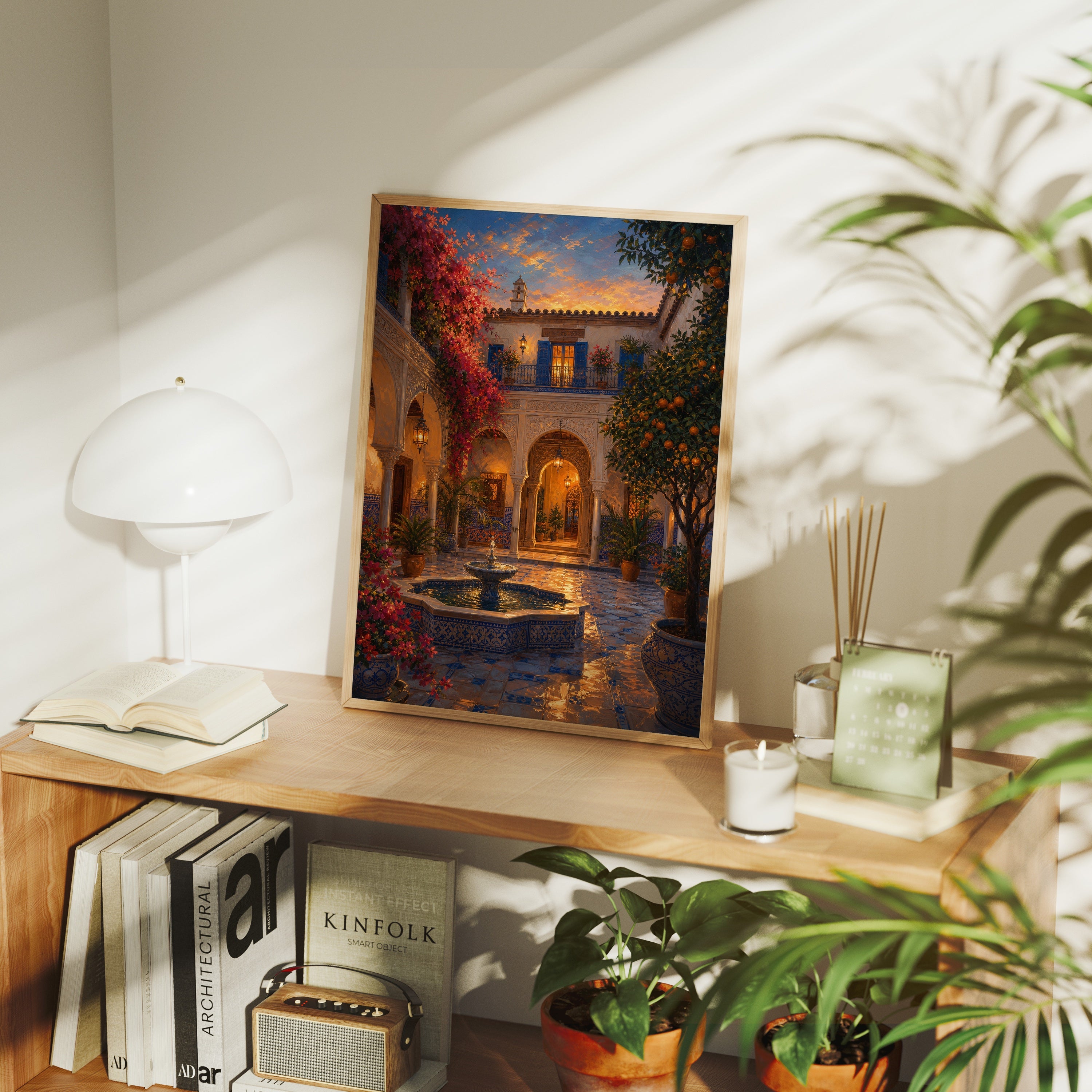 Spanish Courtyard Fountain Night poster framed room mockup by Seji Art