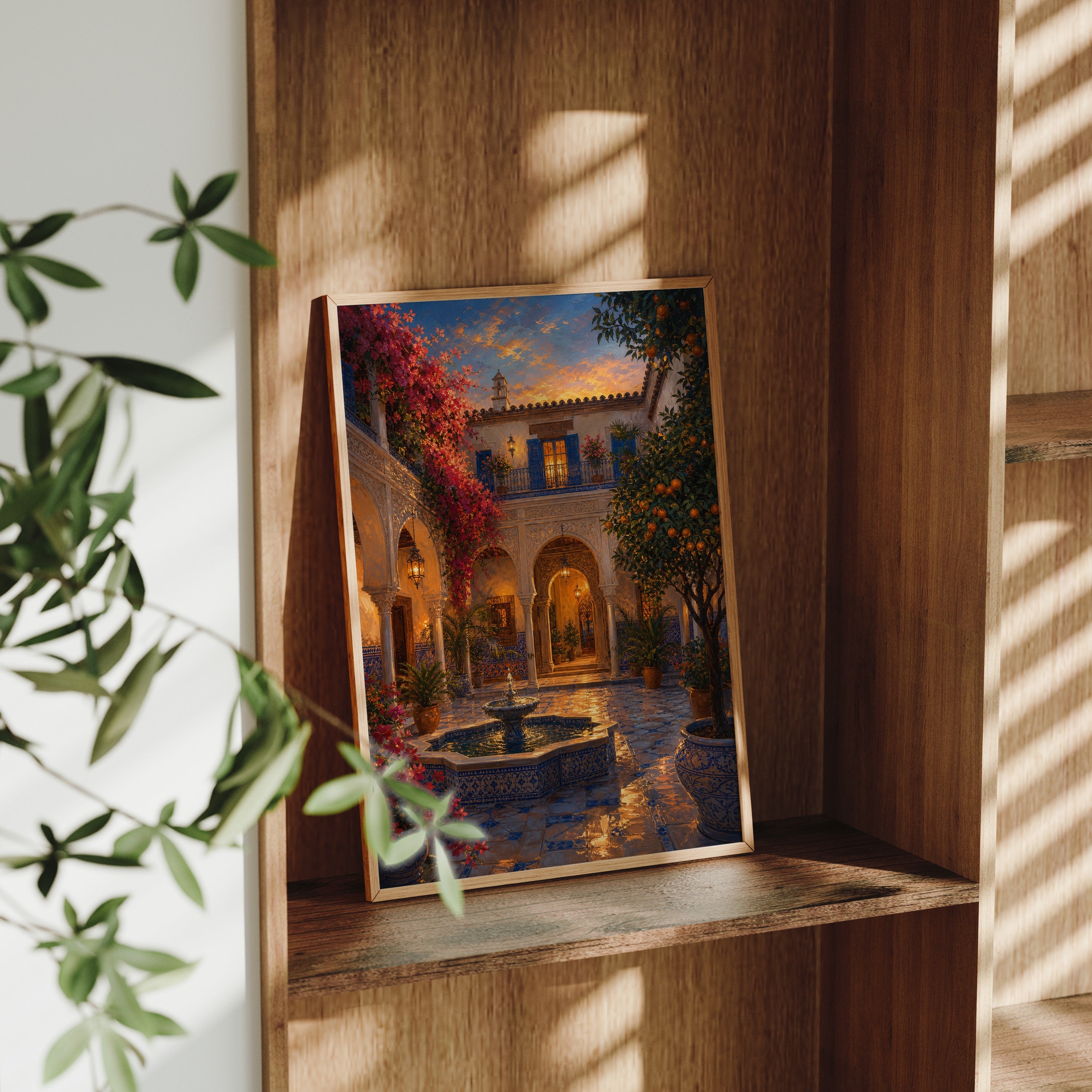 Spanish Courtyard Fountain Night poster gallery shelf mockup by Seji Art