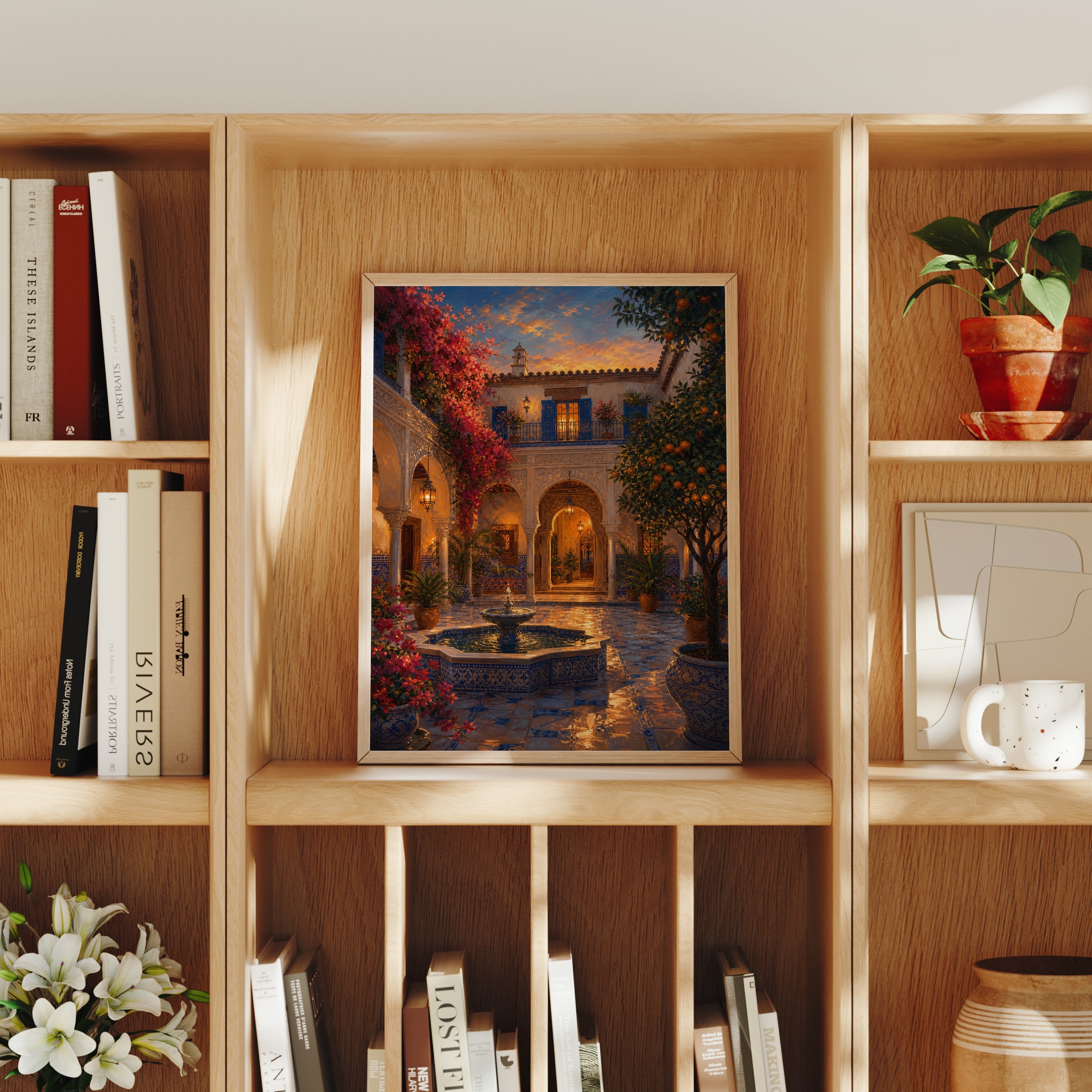 Spanish Courtyard Fountain Night poster home decor mockup by Seji Art