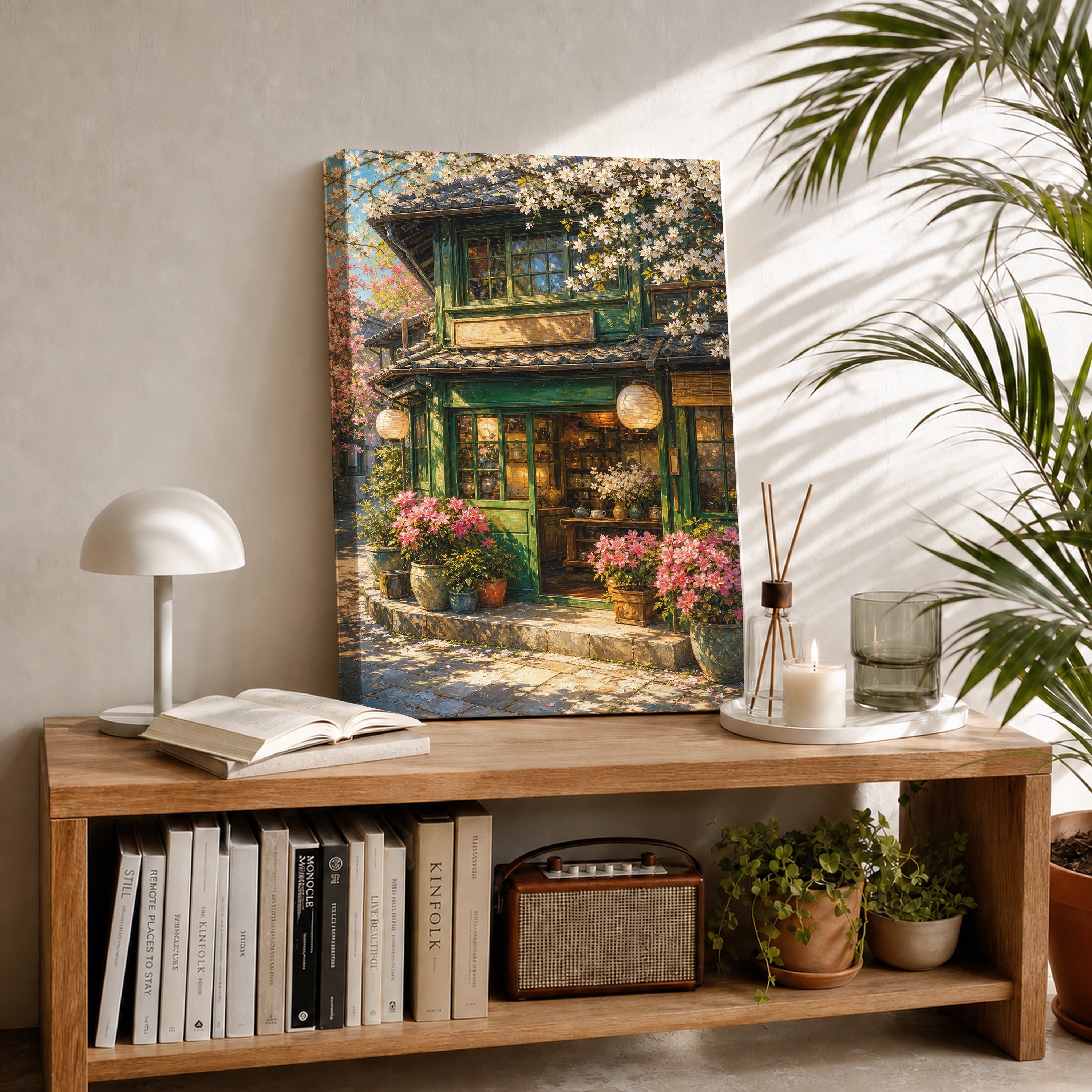Spring Blossom Storefront Cafe canvas room mockup by Seji Art