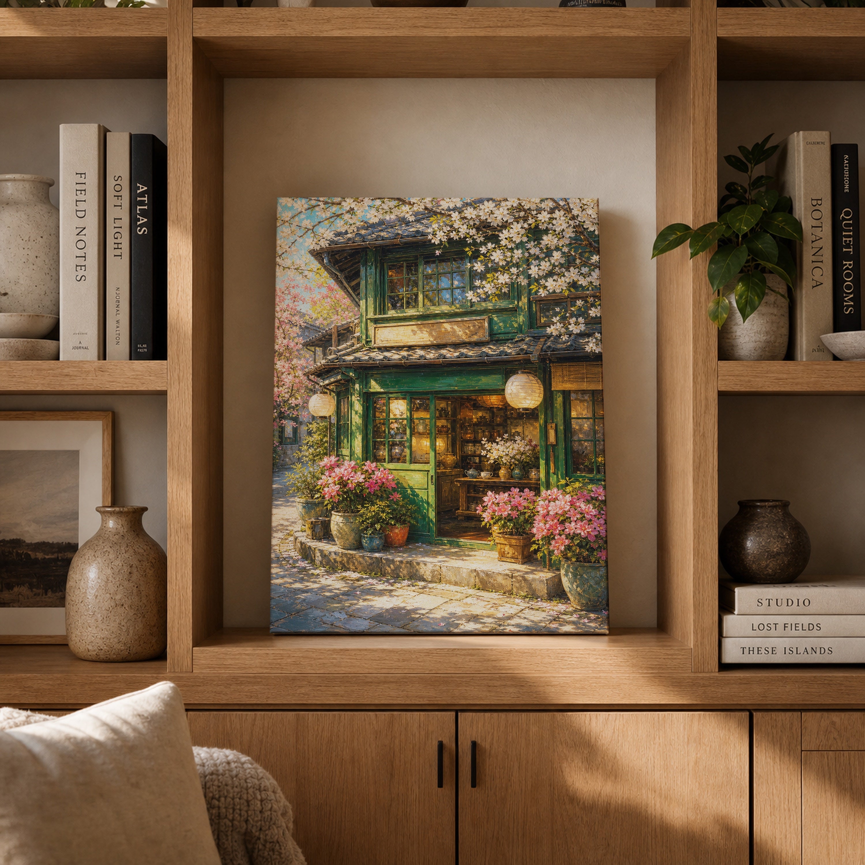 Spring Blossom Storefront Cafe canvas gallery shelf mockup by Seji Art