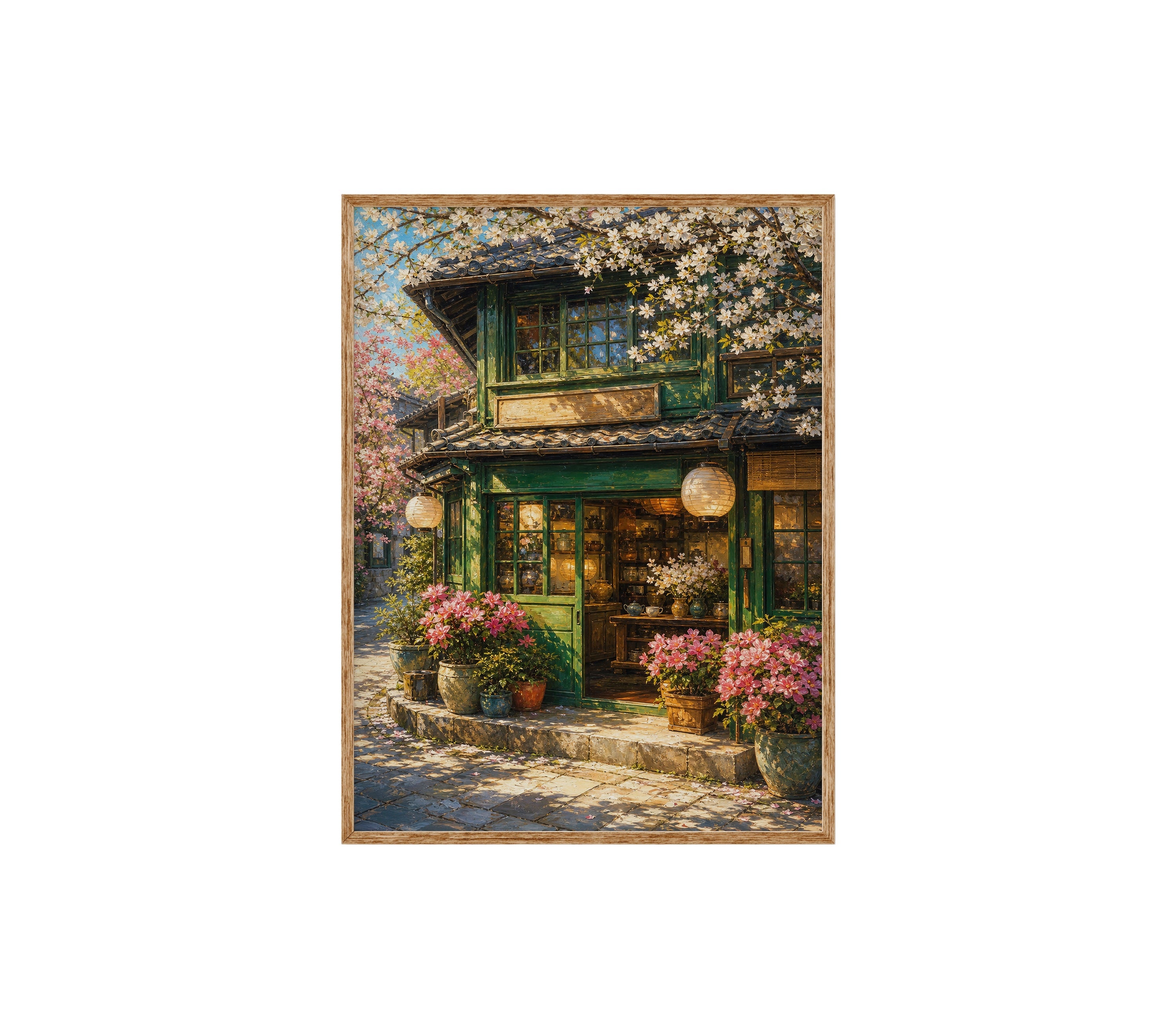 Spring Blossom Storefront Cafe poster print preview by Seji Art