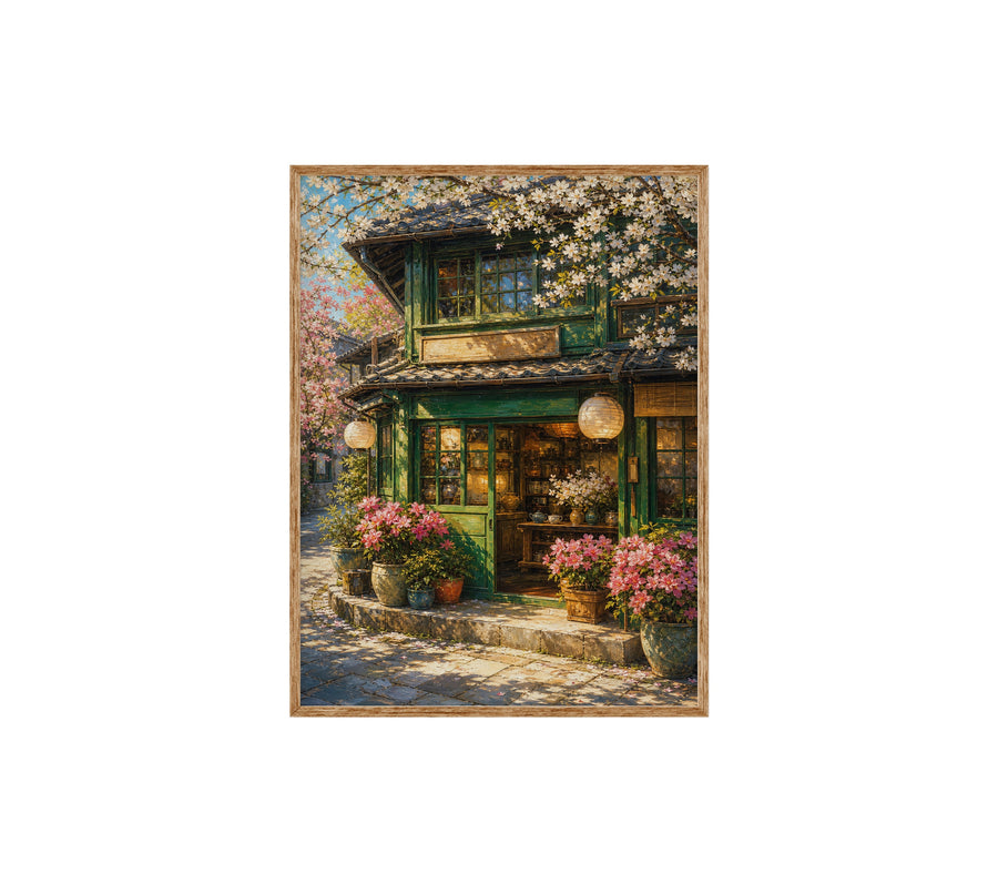 Spring Blossom Storefront Cafe poster print preview by Seji Art
