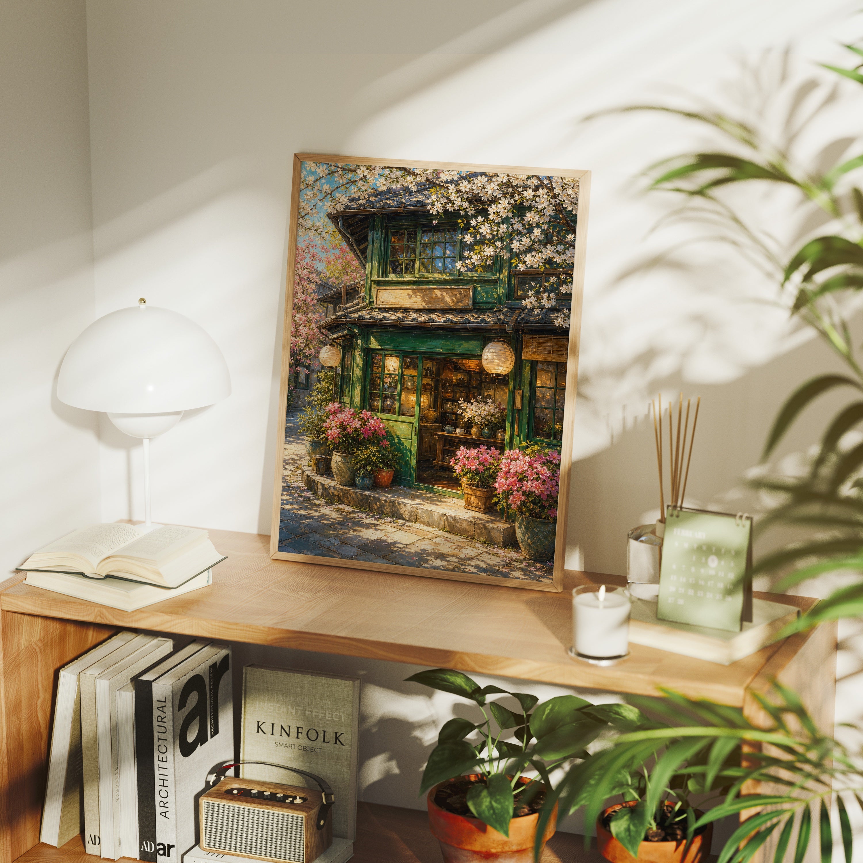 Spring Blossom Storefront Cafe poster framed room mockup by Seji Art