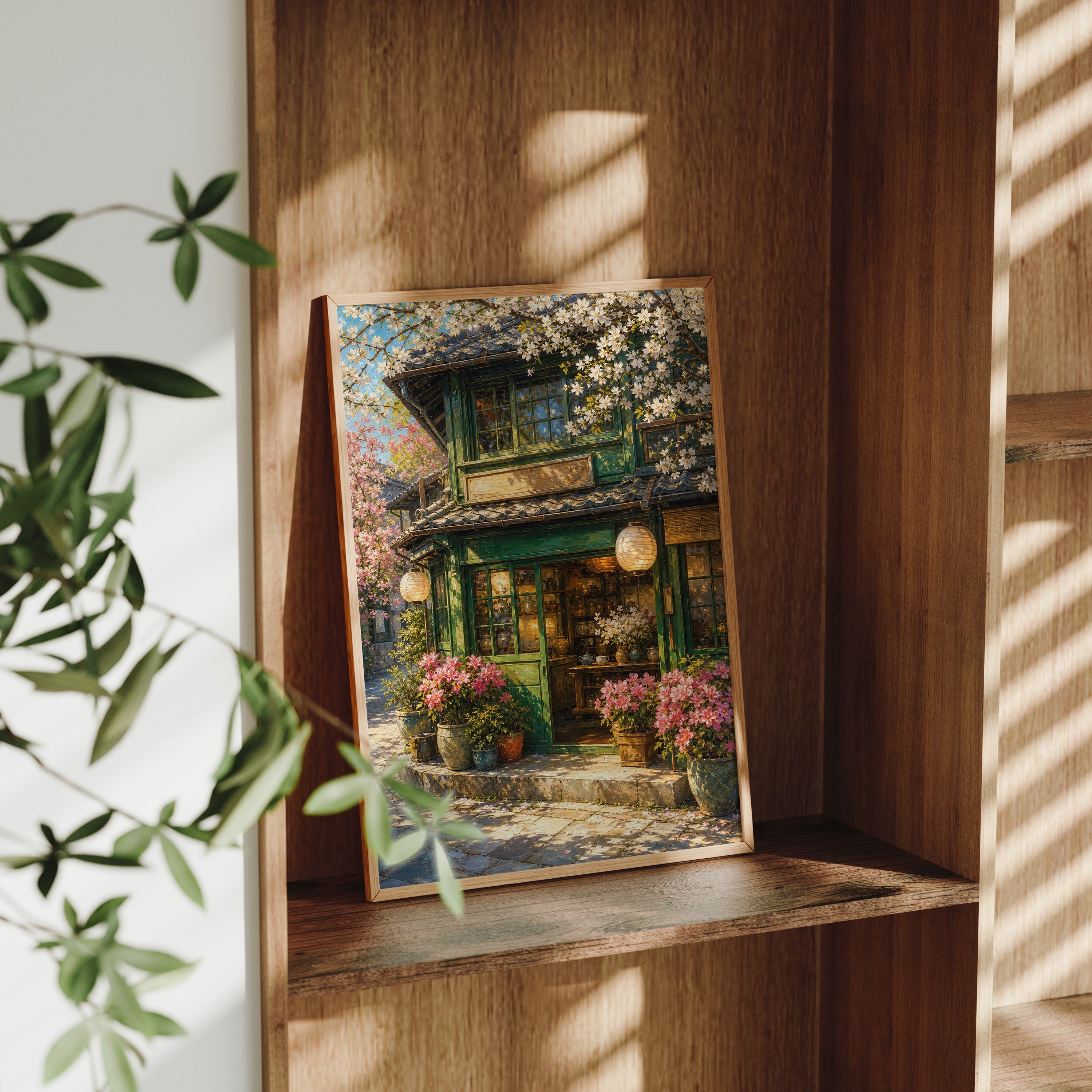 Spring Blossom Storefront Cafe poster gallery shelf mockup by Seji Art