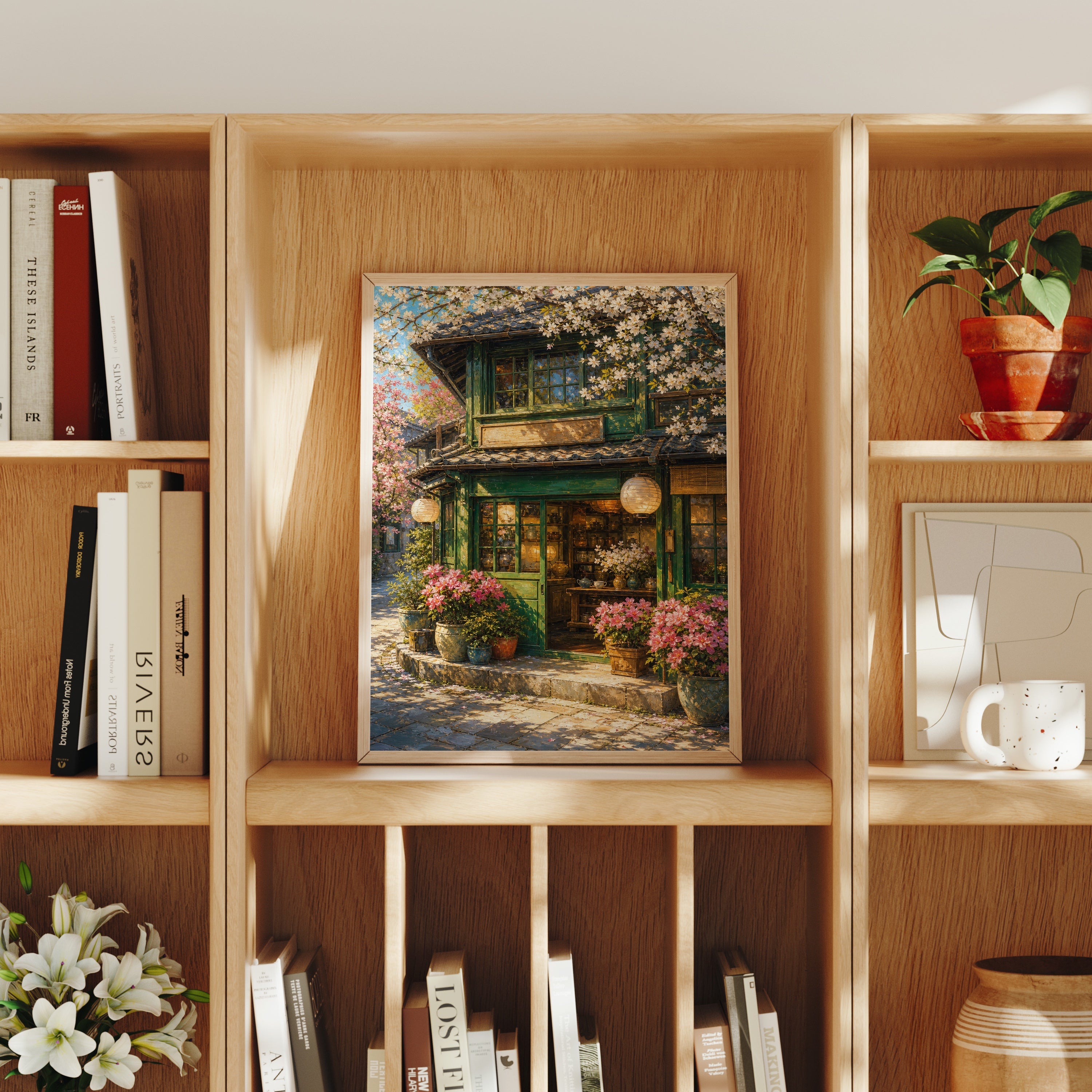 Spring Blossom Storefront Cafe poster home decor mockup by Seji Art