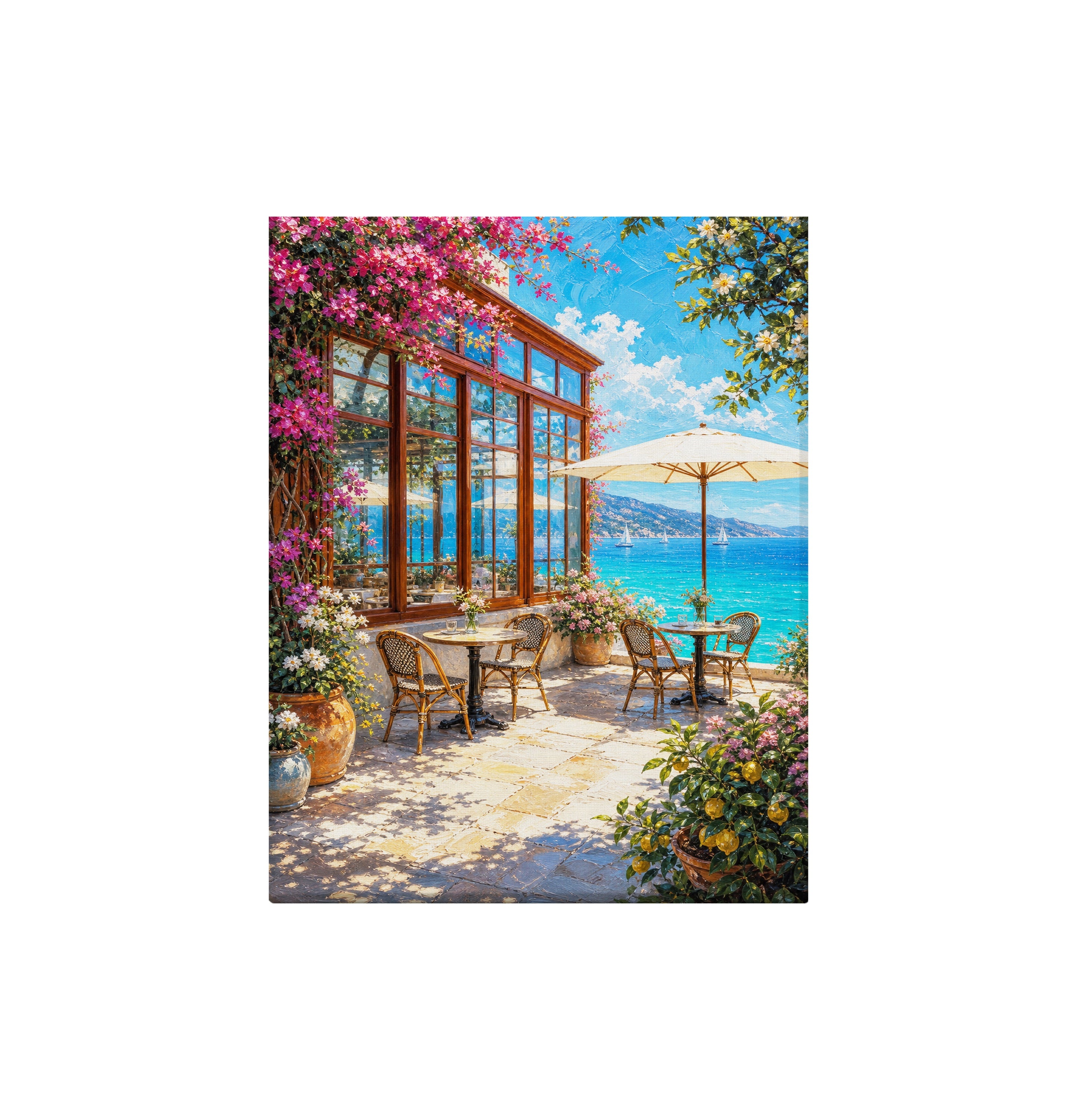 Sunlit Seaside Terrace Pergola canvas wall art preview by Seji Art