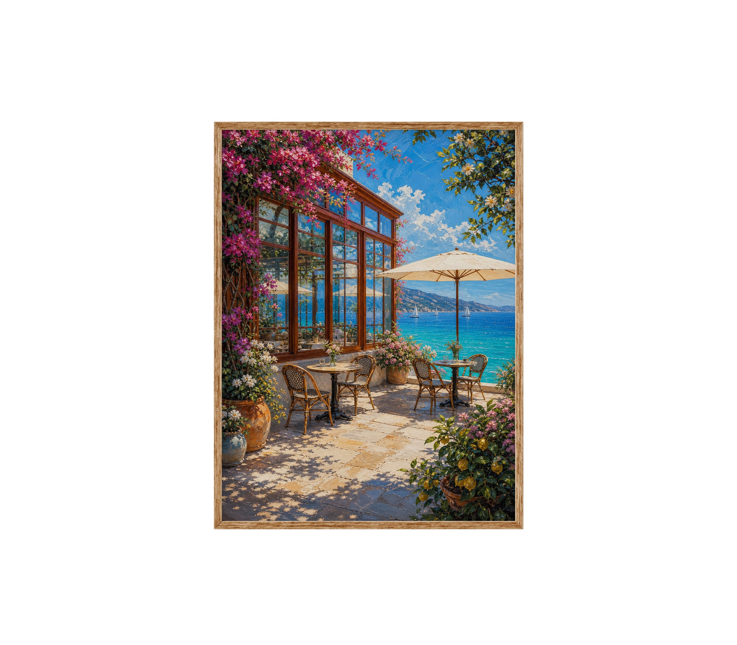 Sunlit Seaside Terrace Pergola poster print preview by Seji Art