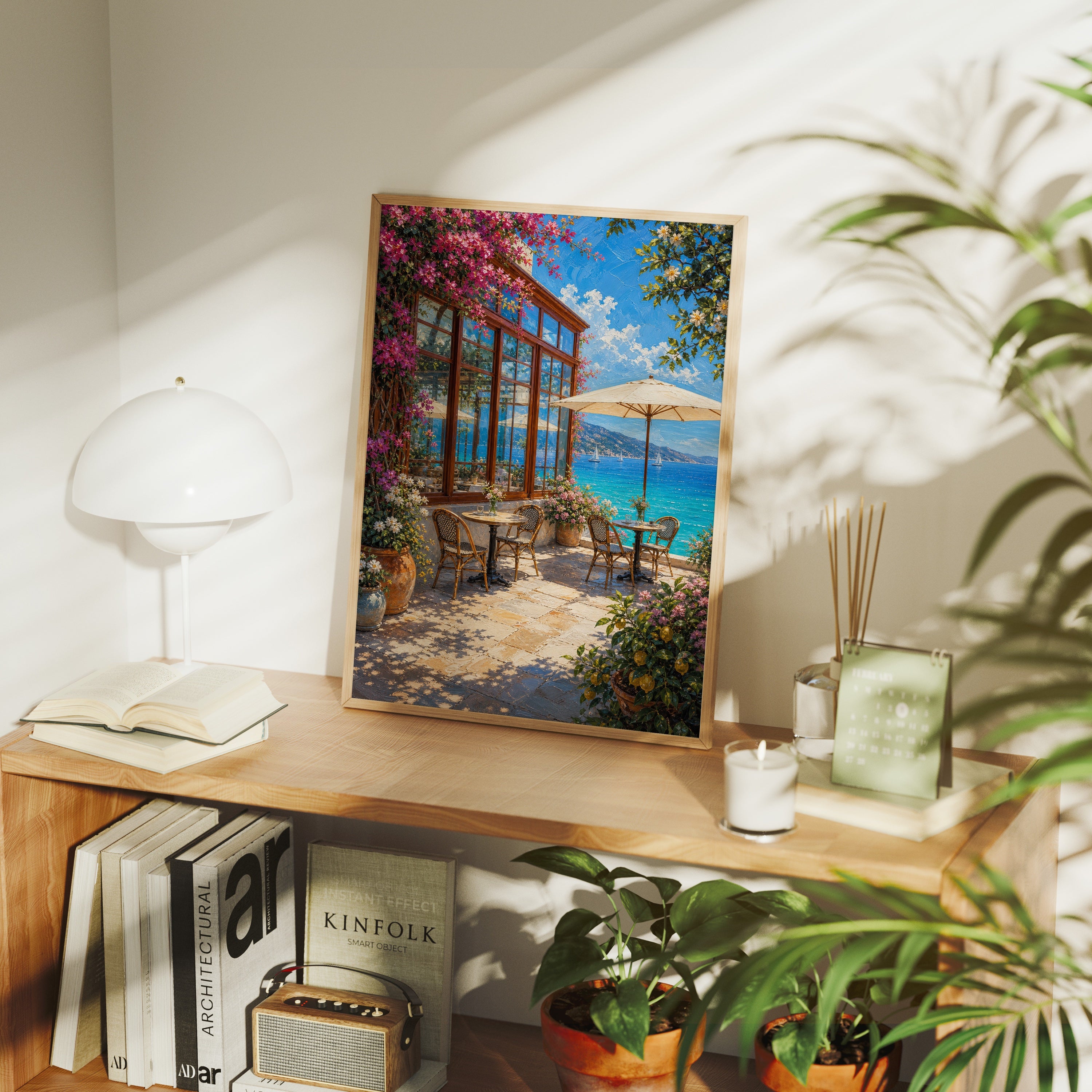 Sunlit Seaside Terrace Pergola poster framed room mockup by Seji Art