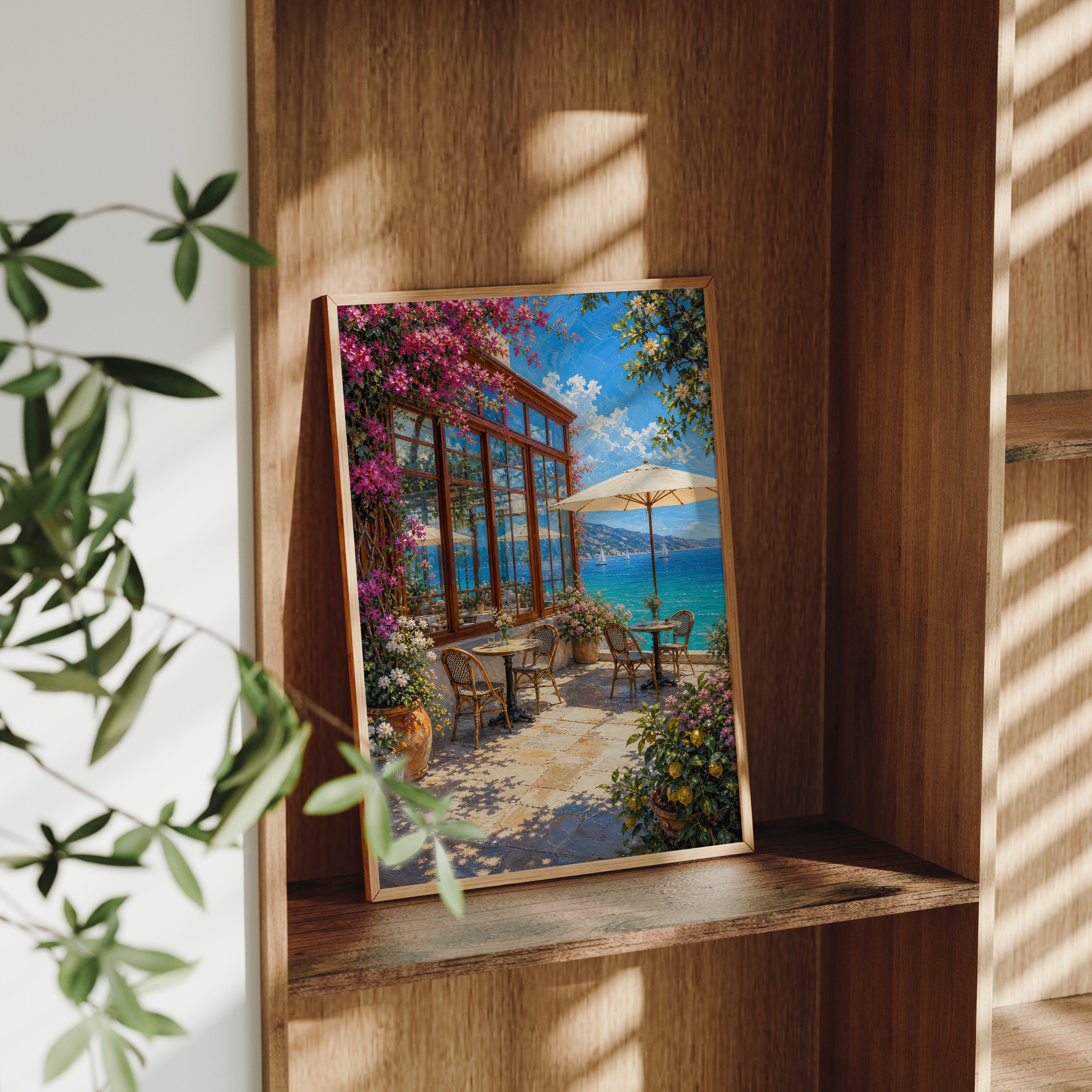 Sunlit Seaside Terrace Pergola poster gallery shelf mockup by Seji Art