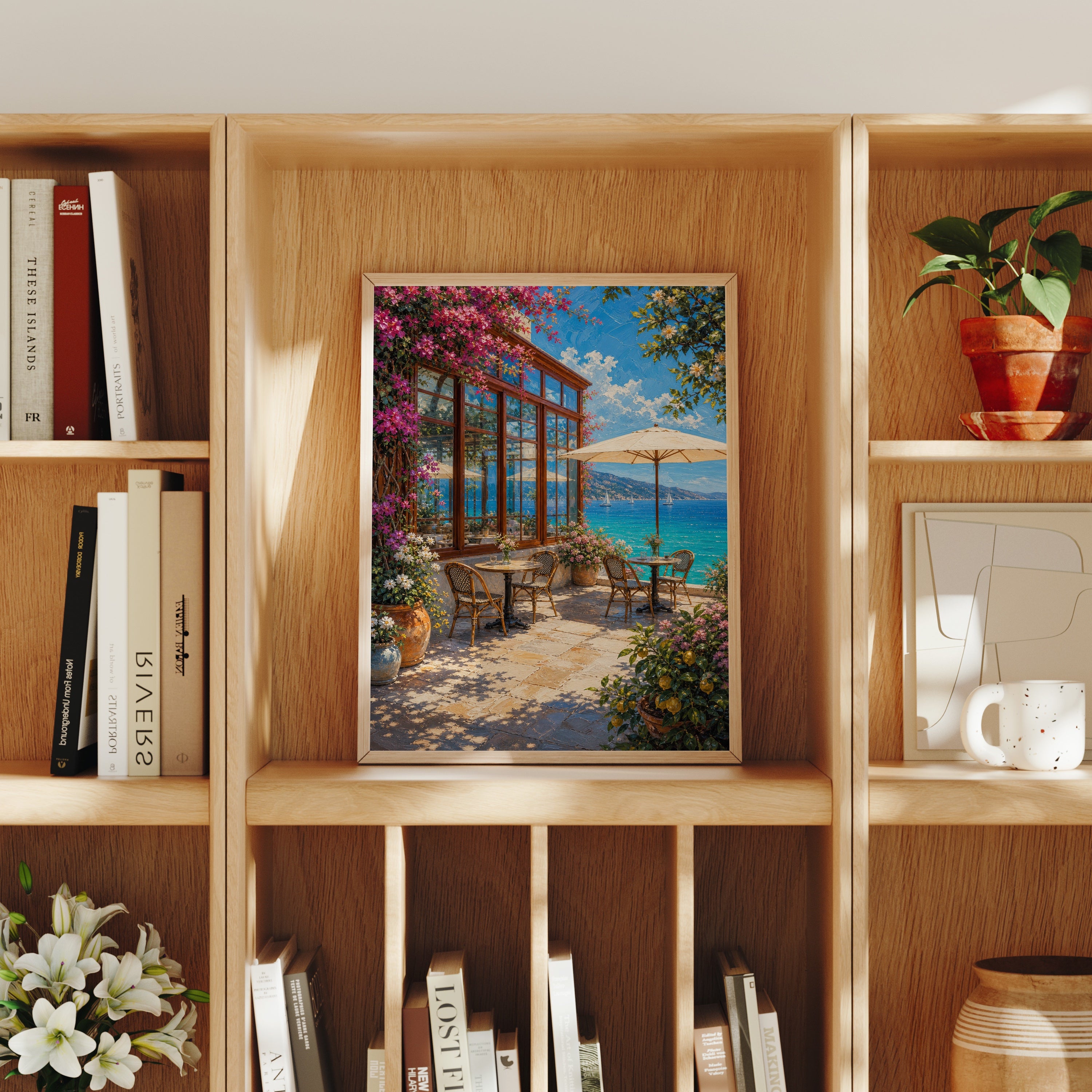 Sunlit Seaside Terrace Pergola poster home decor mockup by Seji Art