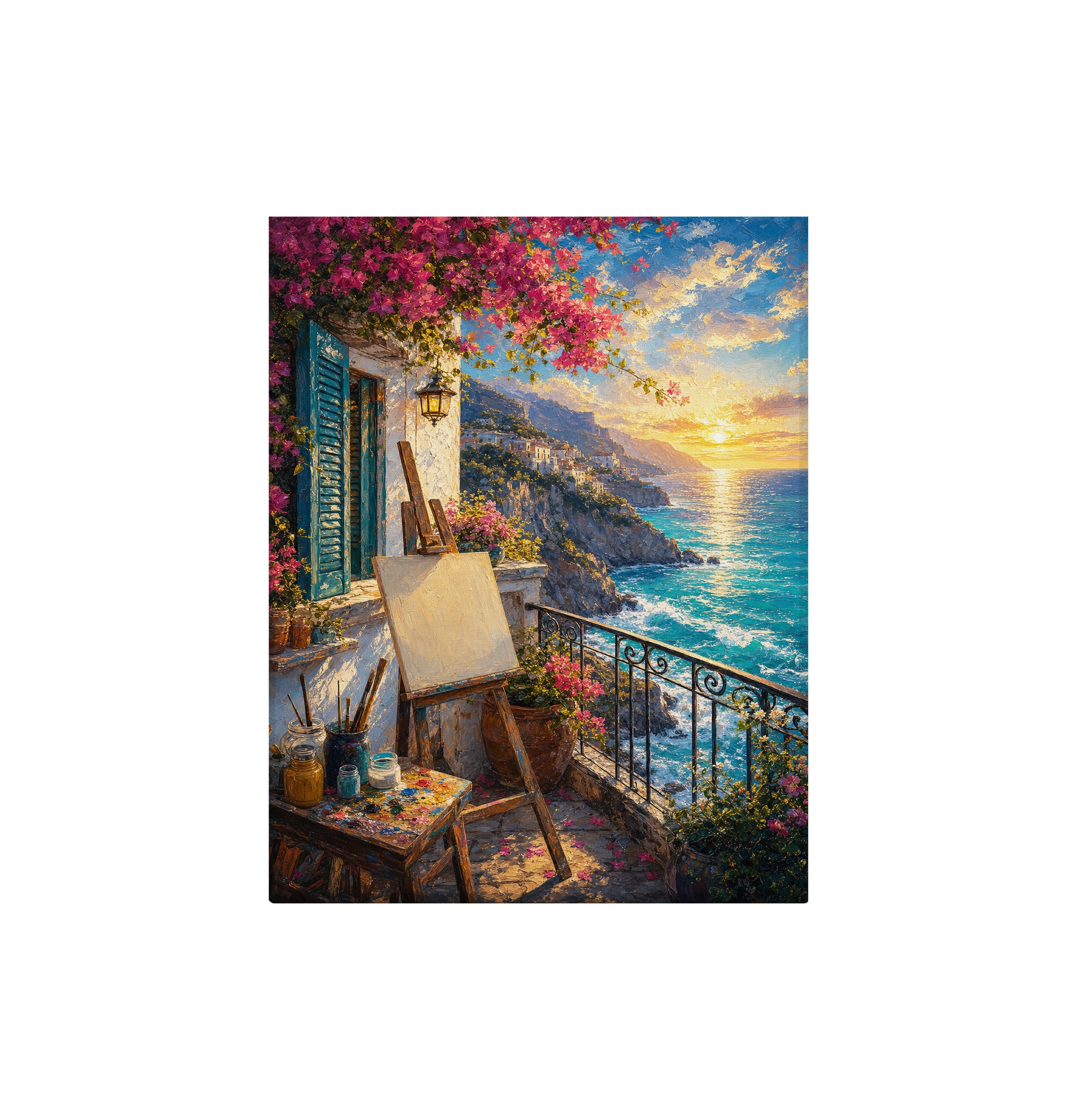 Sunset Balcony Easel Sea View canvas wall art preview by Seji Art
