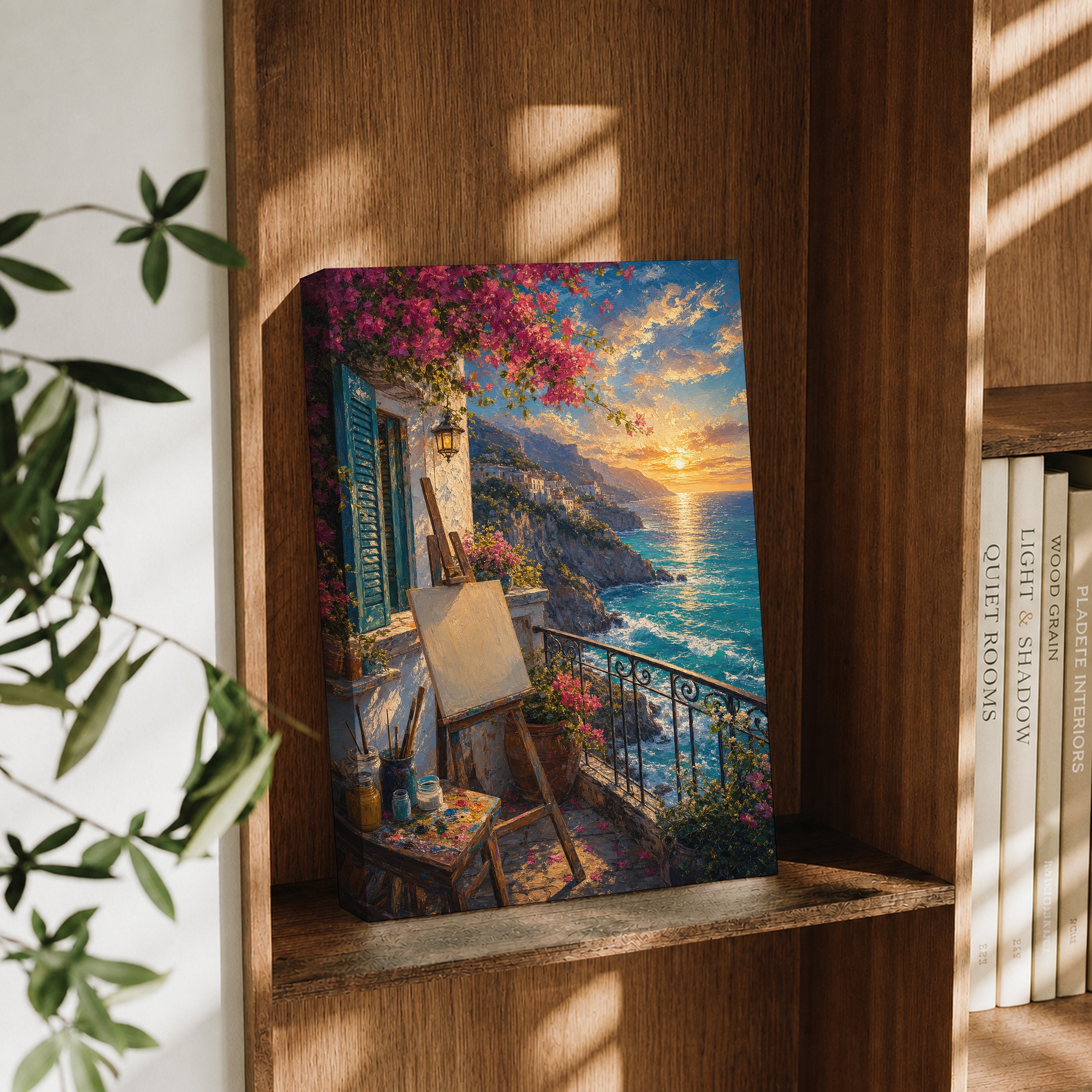 Sunset Balcony Easel Sea View canvas wall art decor mockup by Seji Art