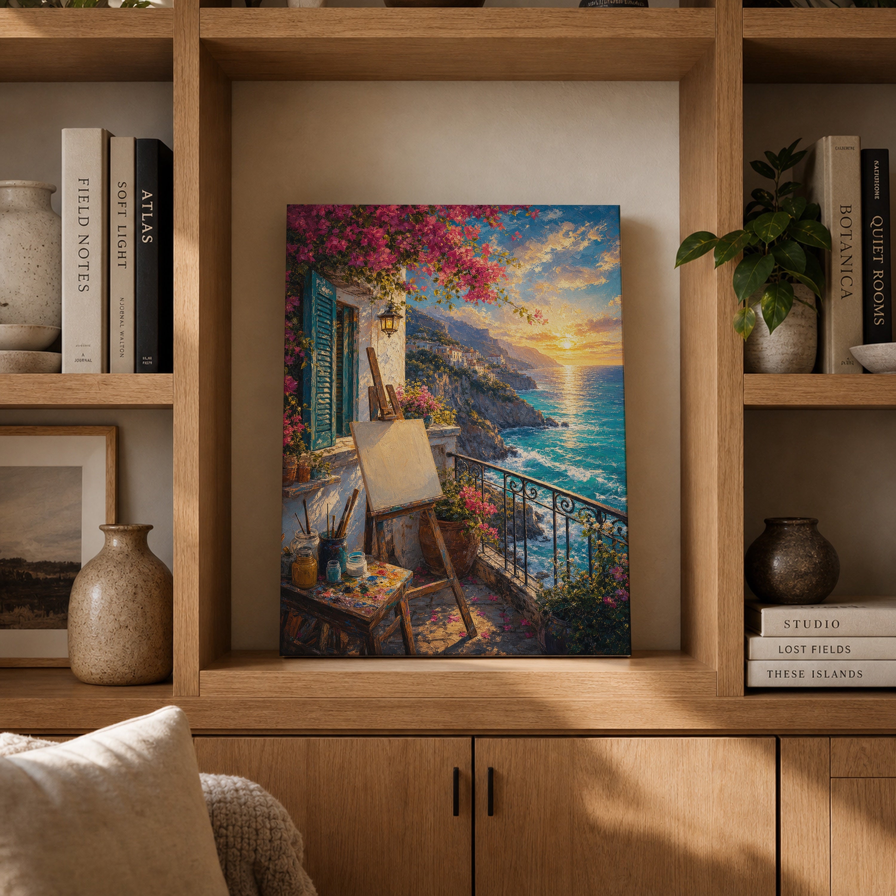 Sunset Balcony Easel Sea View canvas gallery shelf mockup by Seji Art