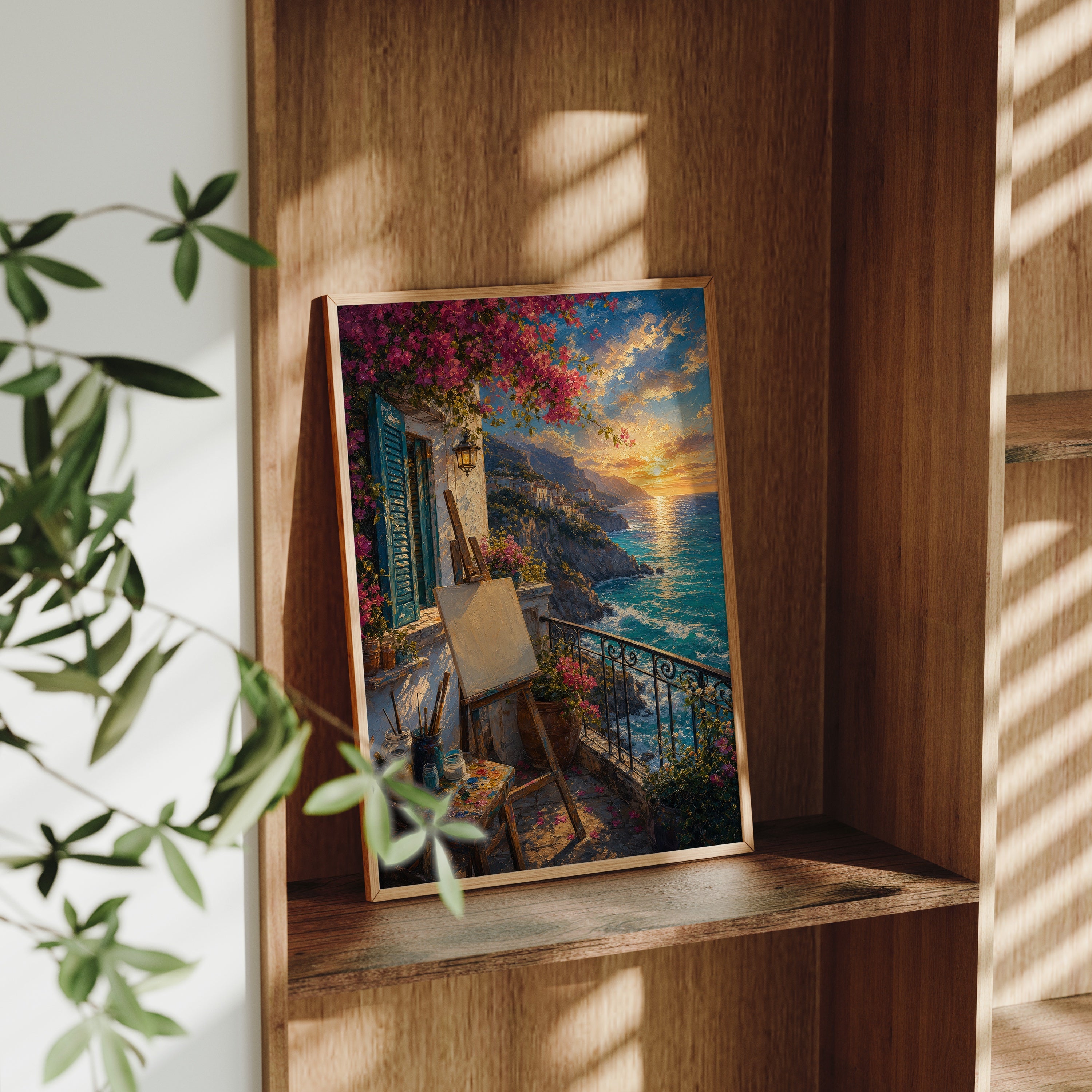 Sunset Balcony Easel Sea View poster gallery shelf mockup by Seji Art