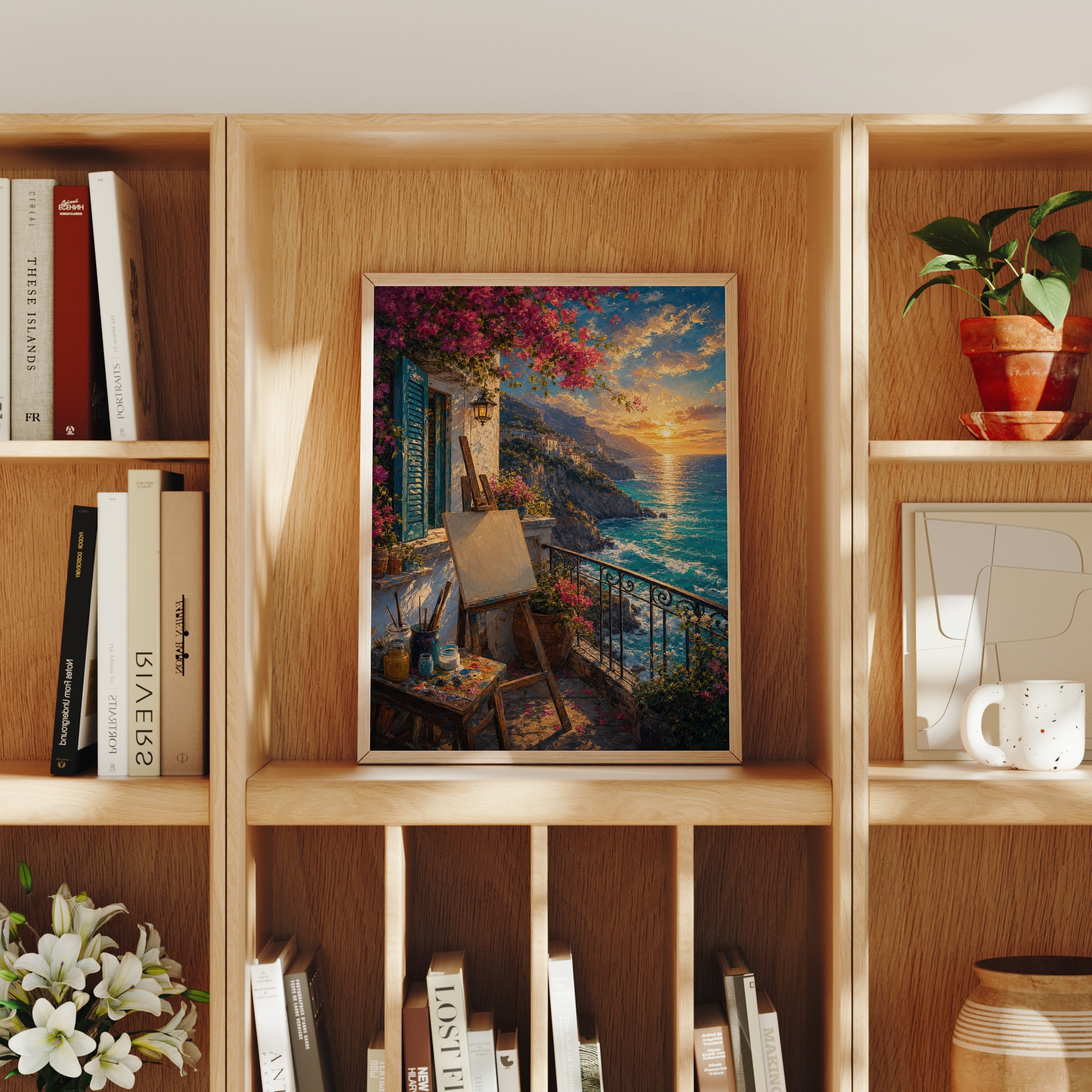 Sunset Balcony Easel Sea View poster home decor mockup by Seji Art
