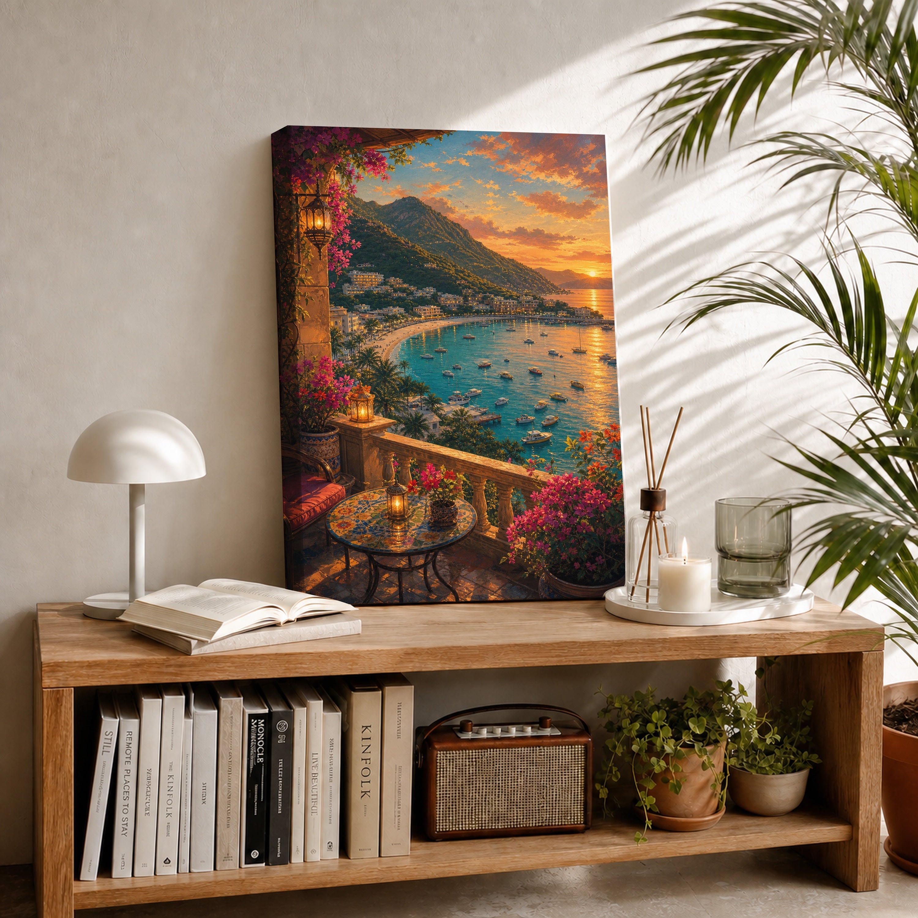 Sunset Bay Terrace Cafe canvas room mockup by Seji Art